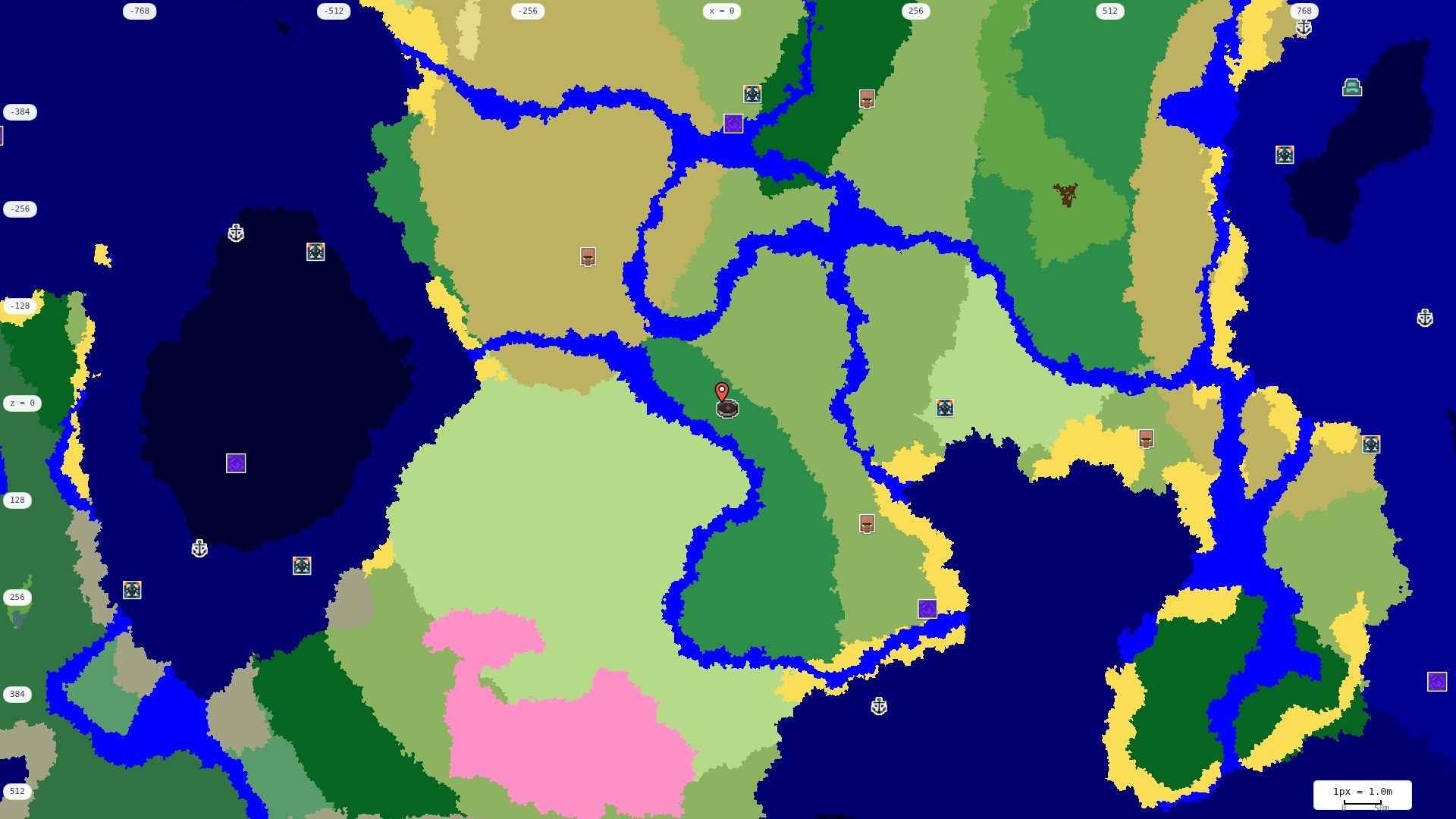 Top-down structures map: village, pillager outpost, ruined portal, shipwreck, woodland mansion, ocean monument, trial chambers, ancient city, desert pyramid, jungle temple, trail ruins