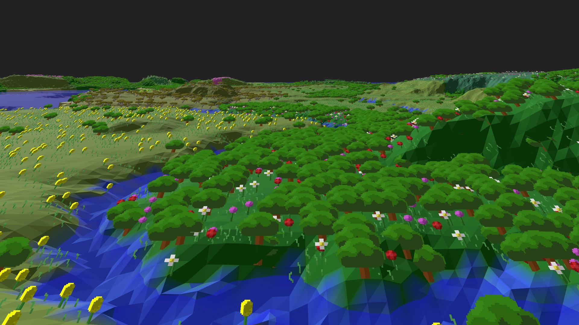 Near-horizontal 3D view from spawn looking at the surrounding terrain