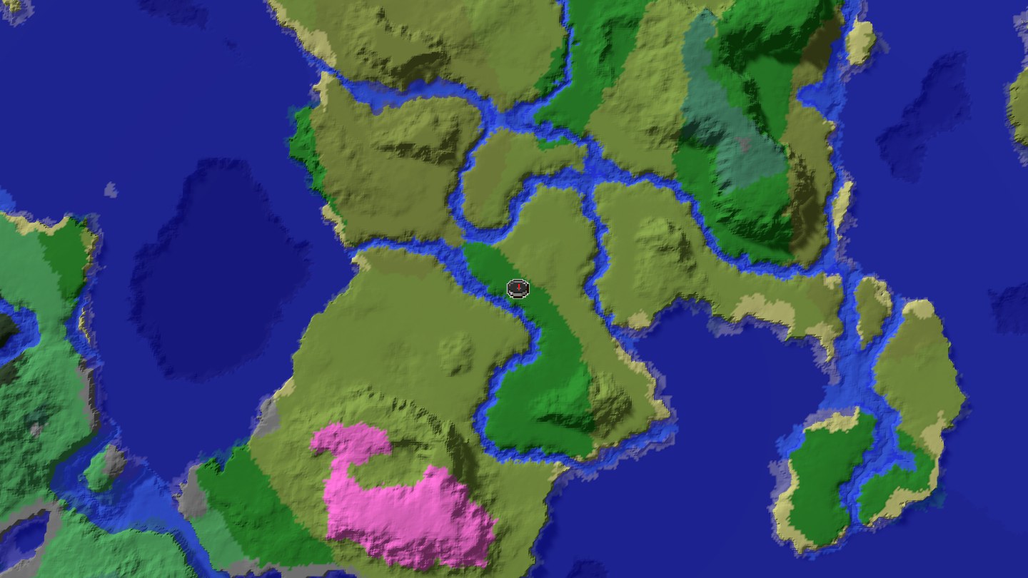 Aerial Minecraft seed map — Java 1.21 mixed settlement and objective route seed [-6964727766665552105]