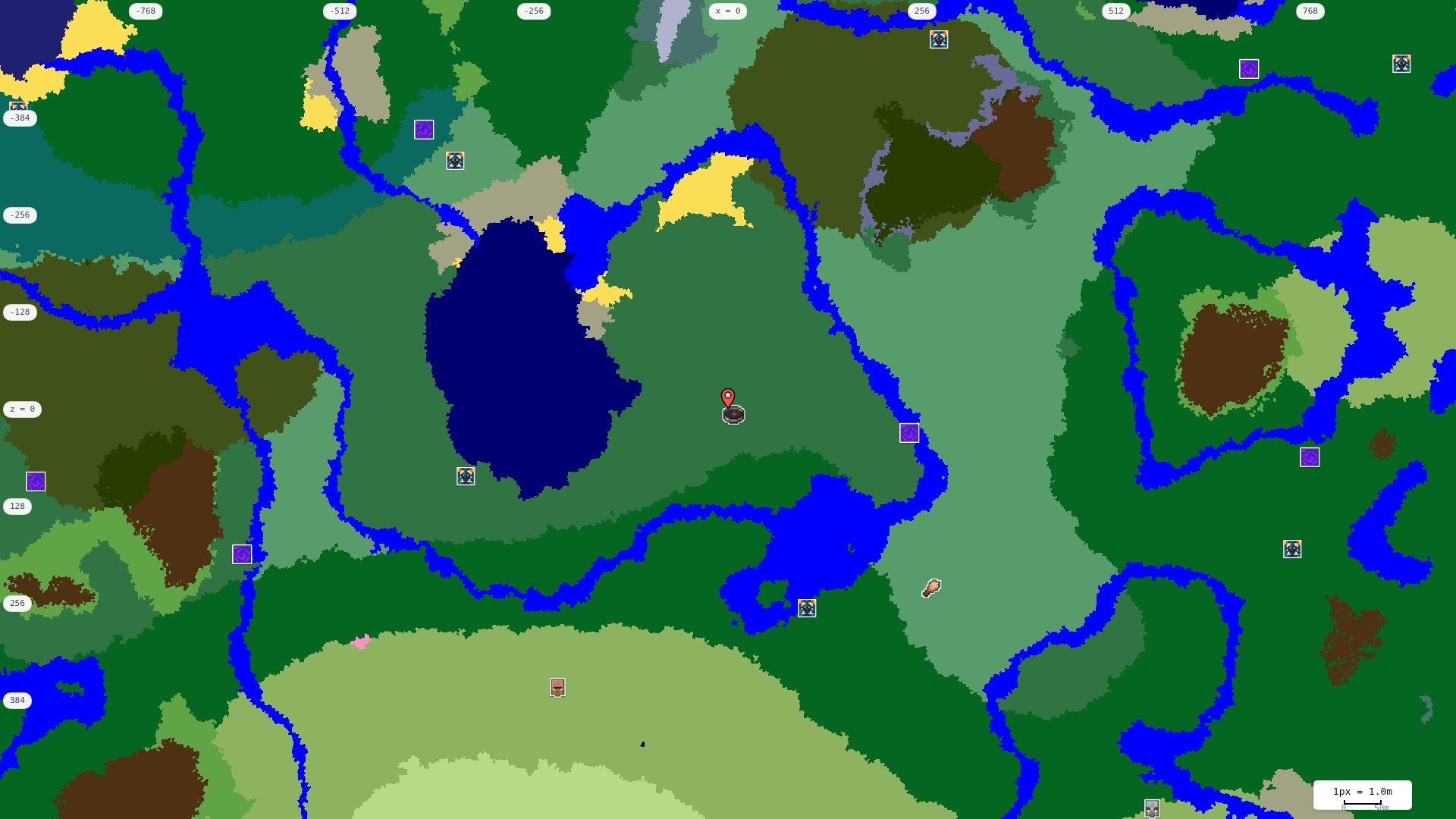 Top-down structures map: village, pillager outpost, ruined portal, shipwreck, woodland mansion, ocean monument, trial chambers, ancient city, desert pyramid, jungle temple, trail ruins