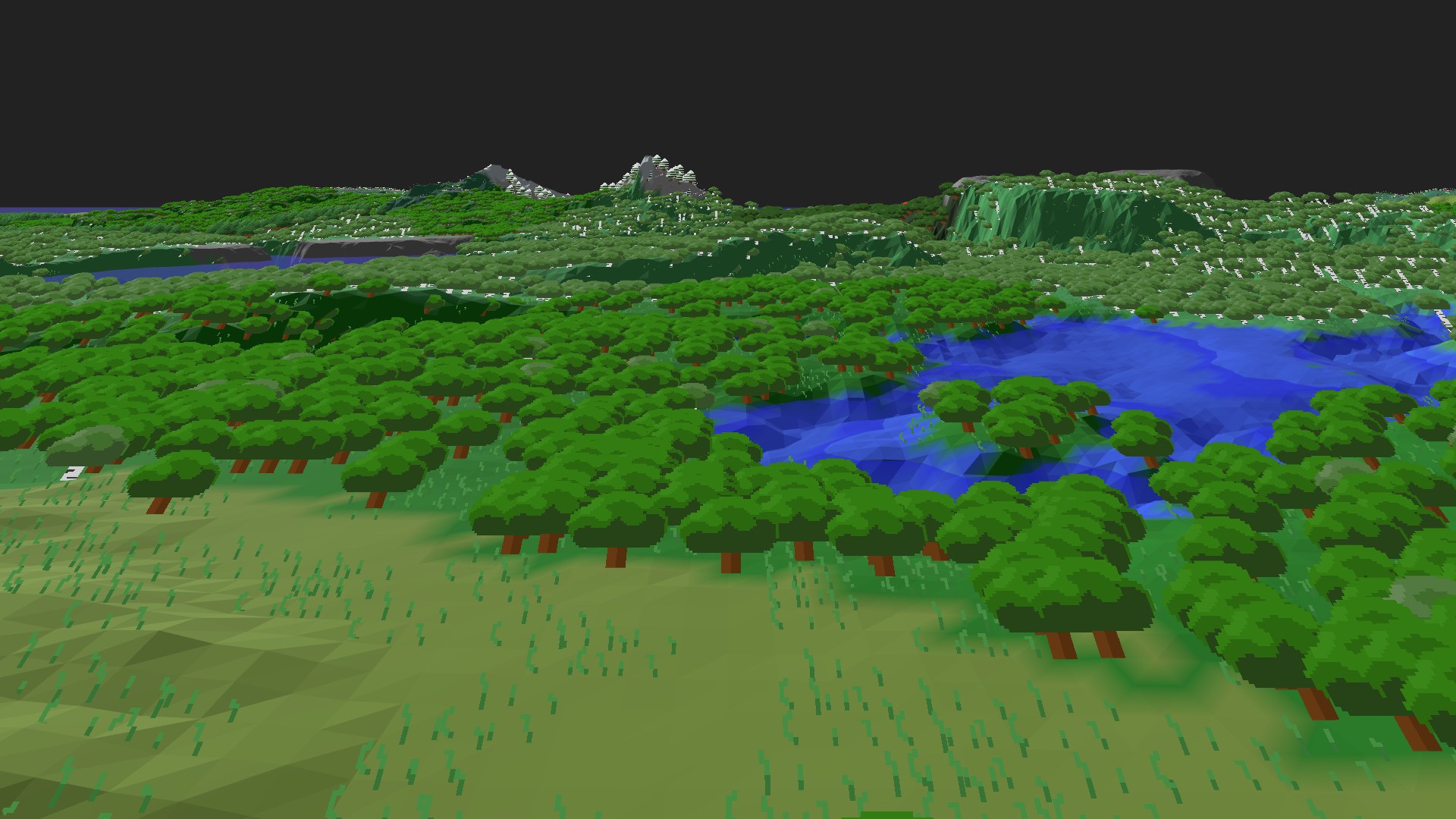 Near-horizontal 3D view from spawn looking at the surrounding terrain