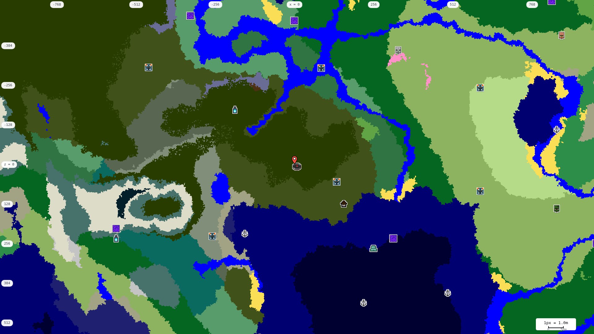 Top-down structures map: village, pillager outpost, ruined portal, shipwreck, woodland mansion, ocean monument, trial chambers, ancient city, desert pyramid, jungle temple, trail ruins