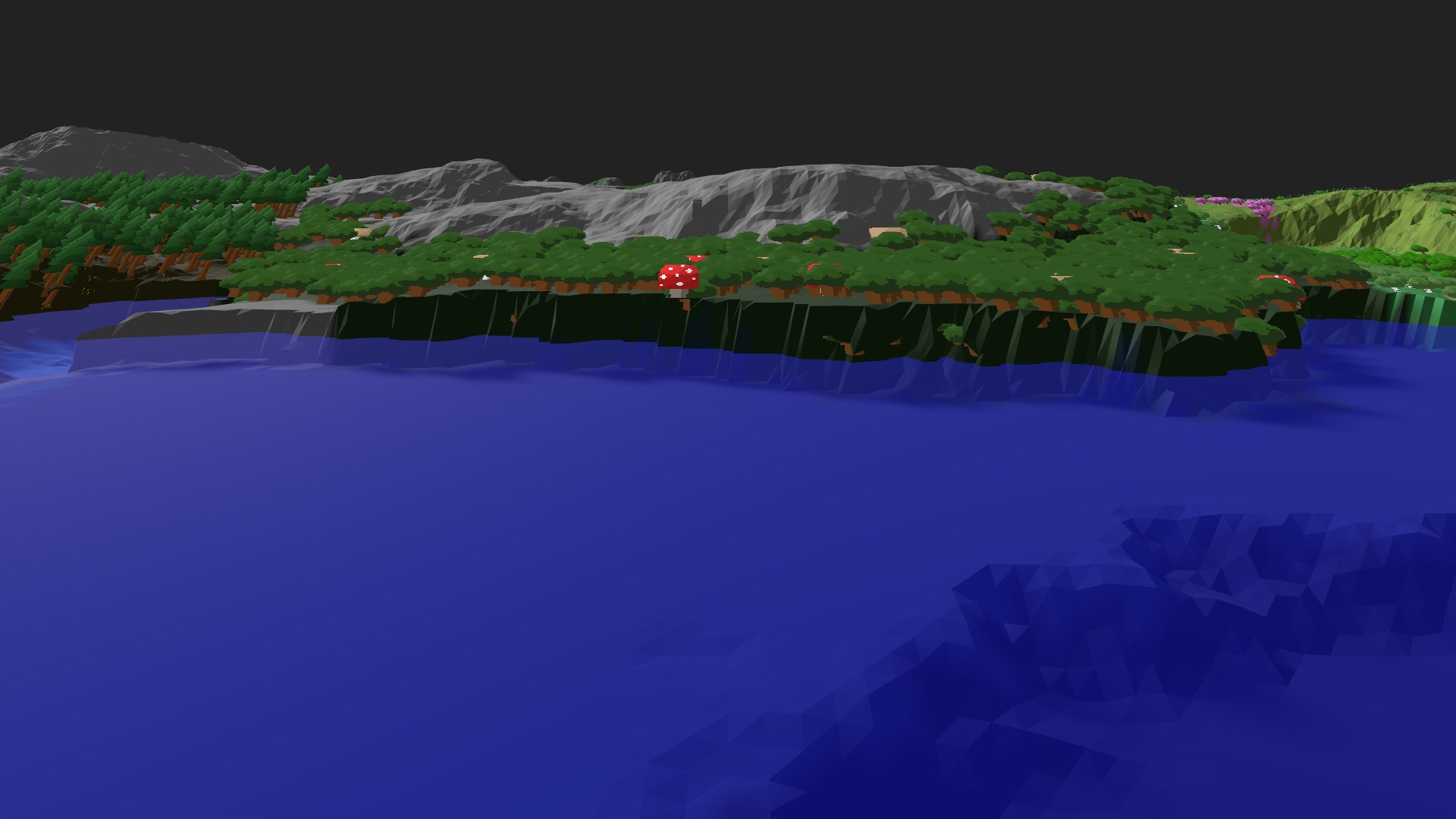 Near-horizontal 3D view from spawn looking at the surrounding terrain