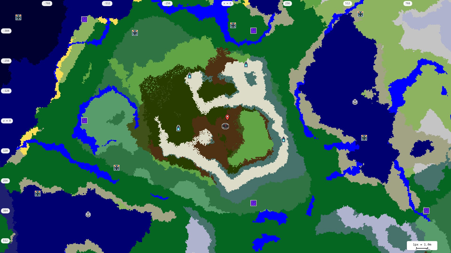 Top-down structures map: village, pillager outpost, ruined portal, shipwreck, woodland mansion, ocean monument, trial chambers, ancient city, desert pyramid, jungle temple, trail ruins