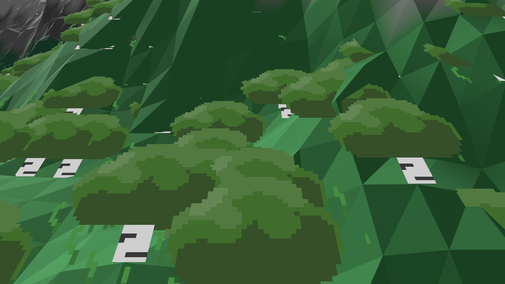 Near-horizontal 3D view from spawn looking at the surrounding terrain