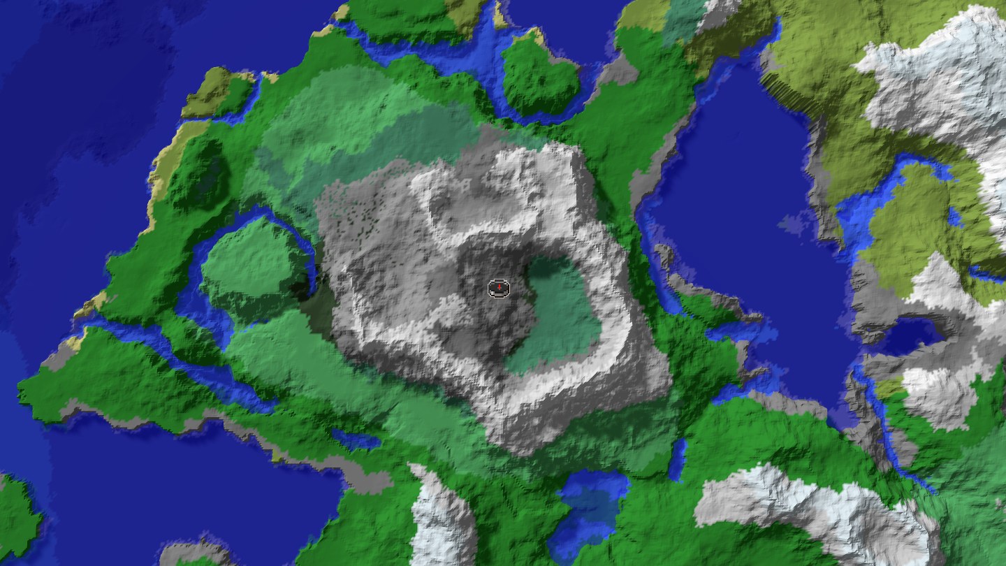 Aerial Minecraft seed map — Mansion and village at spawn with Java mountain and ancient city region [-751644