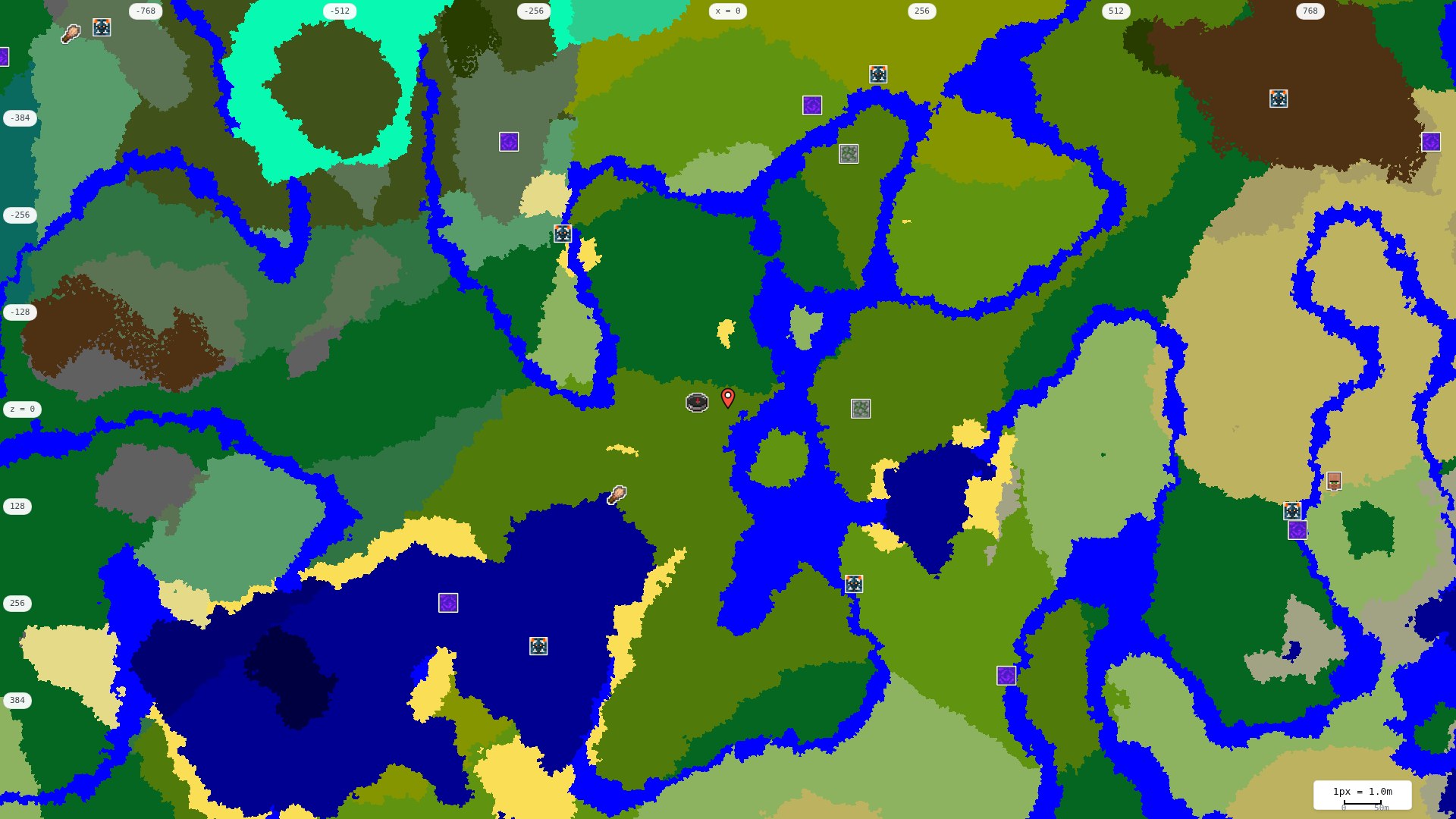 Top-down structures map: village, pillager outpost, ruined portal, shipwreck, woodland mansion, ocean monument, trial chambers, ancient city, desert pyramid, jungle temple, trail ruins