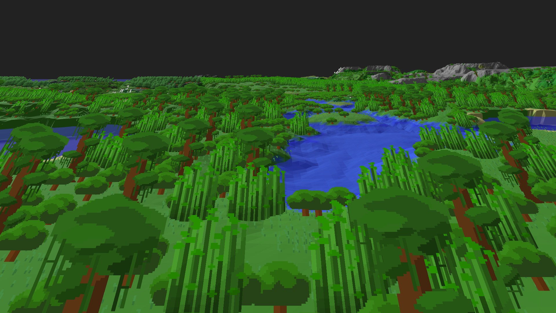 Near-horizontal 3D view from spawn looking at the surrounding terrain