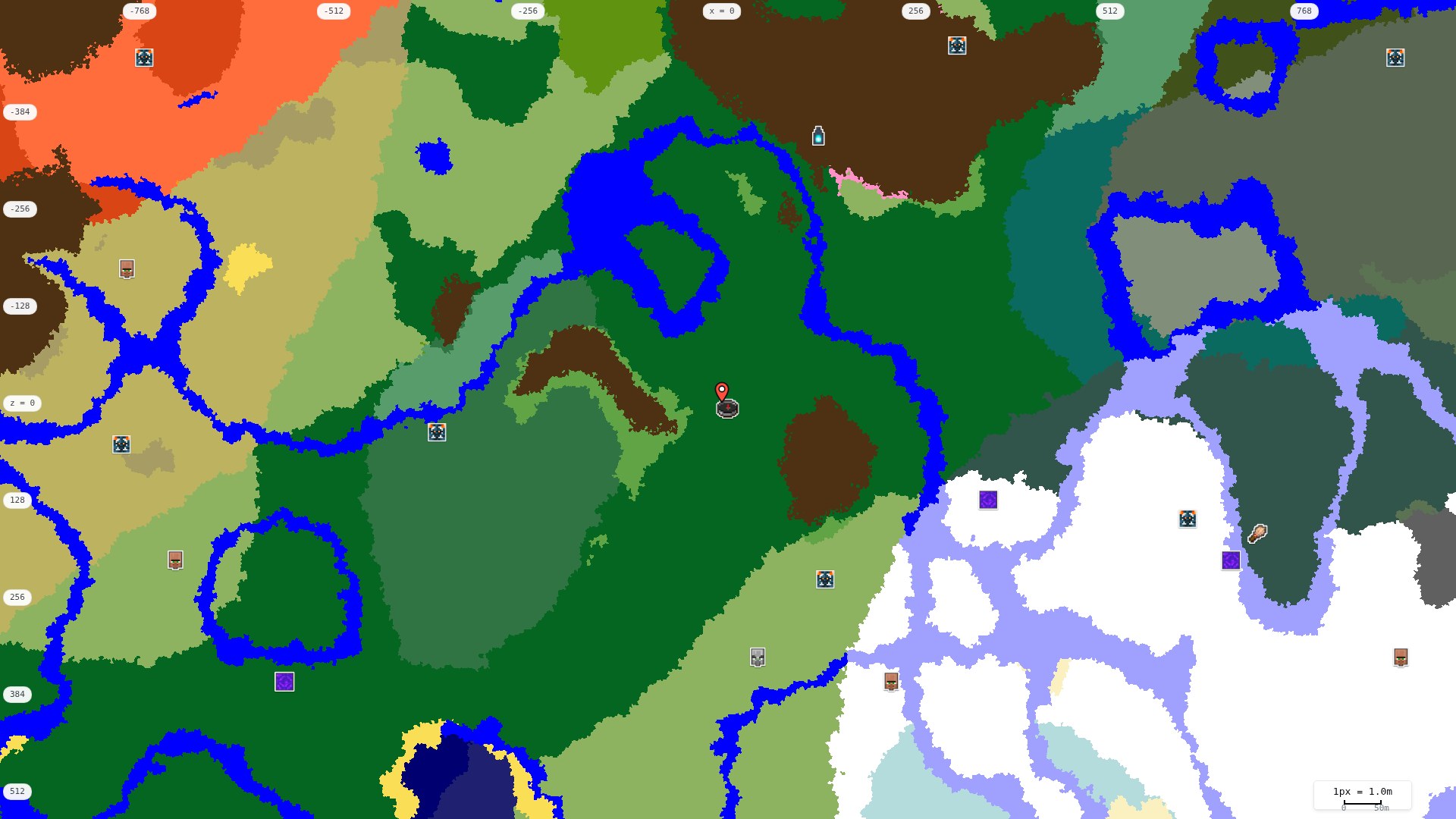 Top-down structures map: village, pillager outpost, ruined portal, shipwreck, woodland mansion, ocean monument, trial chambers, ancient city, desert pyramid, jungle temple, trail ruins