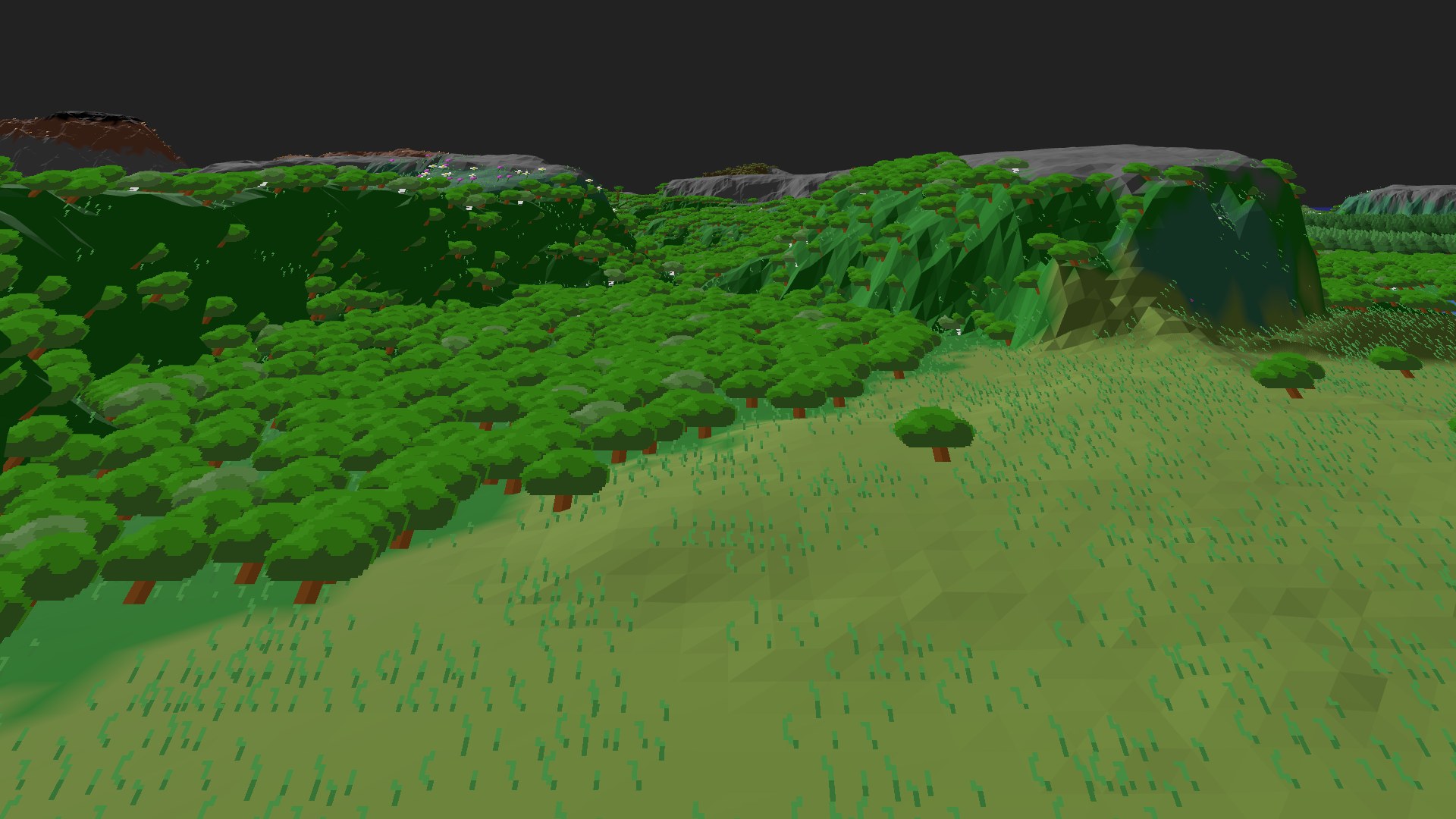 Near-horizontal 3D view from spawn looking at the surrounding terrain