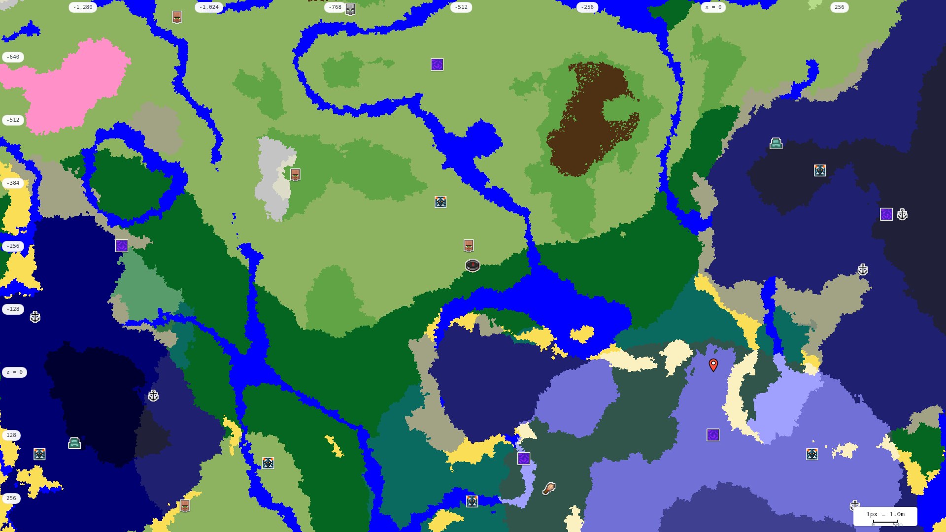 Top-down structures map: village, pillager outpost, ruined portal, shipwreck, woodland mansion, ocean monument, trial chambers, ancient city, desert pyramid, jungle temple, trail ruins