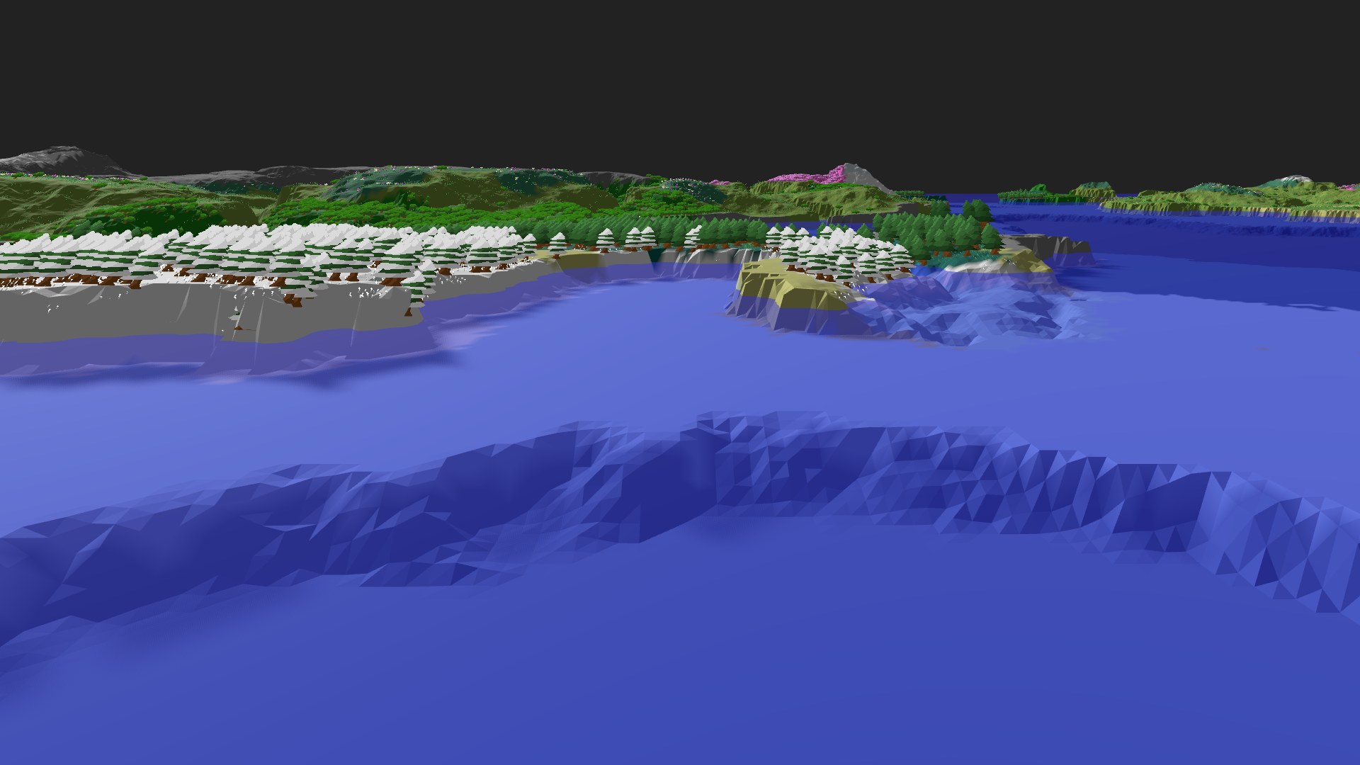 Near-horizontal 3D view from spawn looking at the surrounding terrain