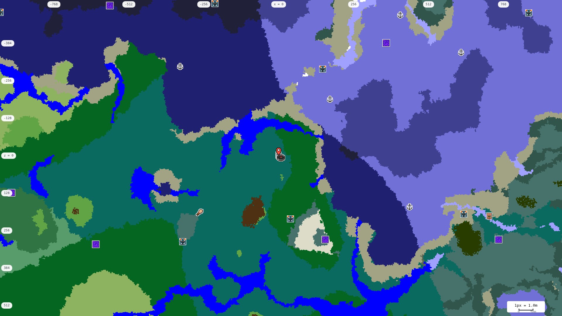 Top-down structures map: village, pillager outpost, ruined portal, shipwreck, woodland mansion, ocean monument, trial chambers, ancient city, desert pyramid, jungle temple, trail ruins