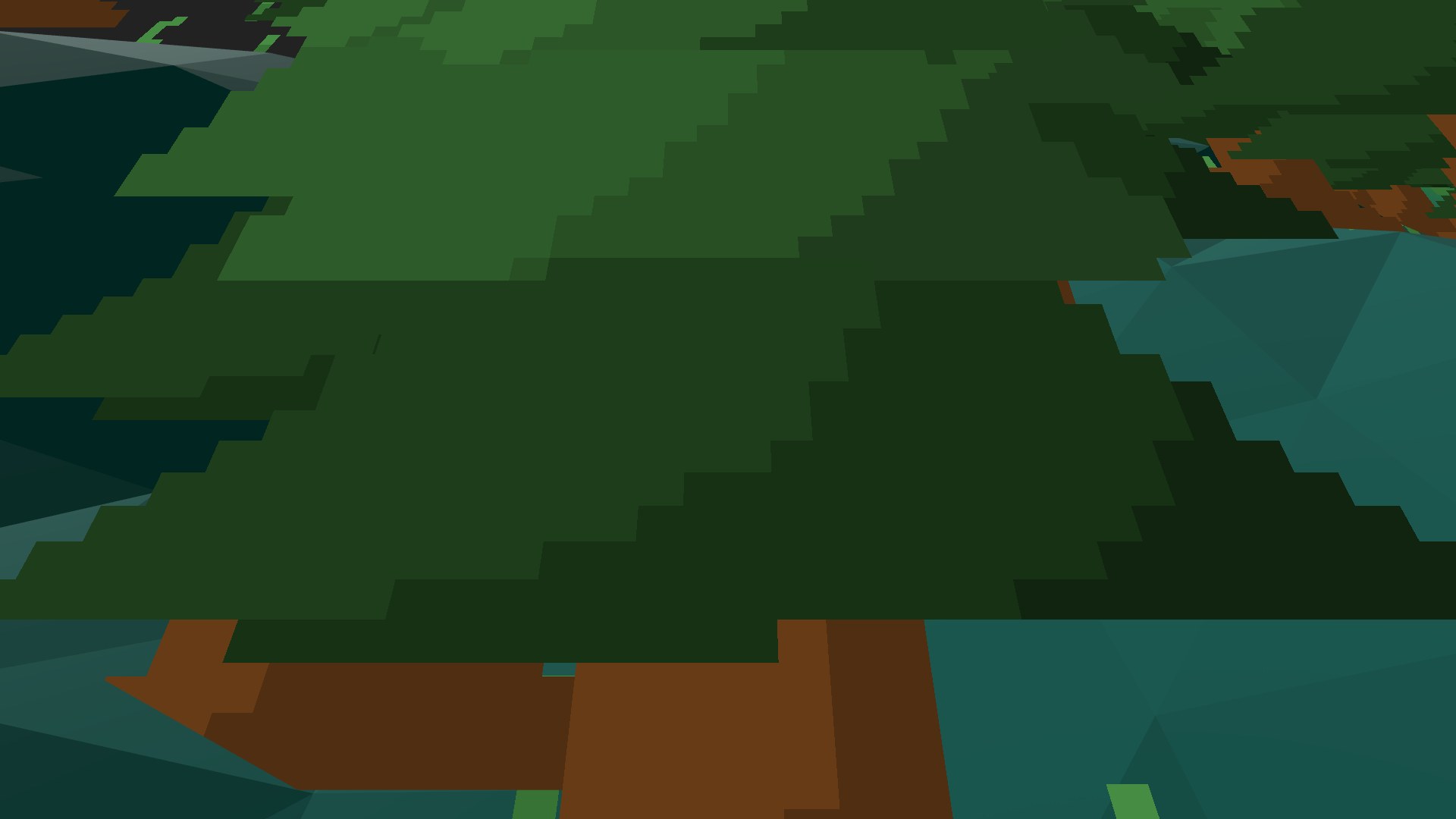 Near-horizontal 3D view from spawn looking at the surrounding terrain