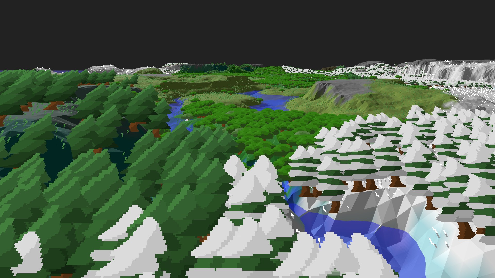 Near-horizontal 3D view from spawn looking at the surrounding terrain
