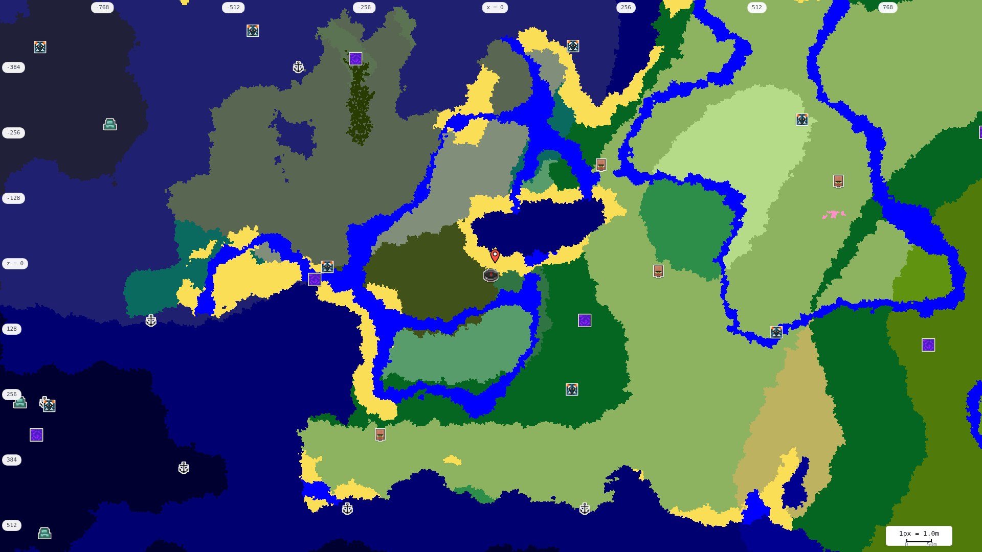 Top-down structures map: village, pillager outpost, ruined portal, shipwreck, woodland mansion, ocean monument, trial chambers, ancient city, desert pyramid, jungle temple, trail ruins