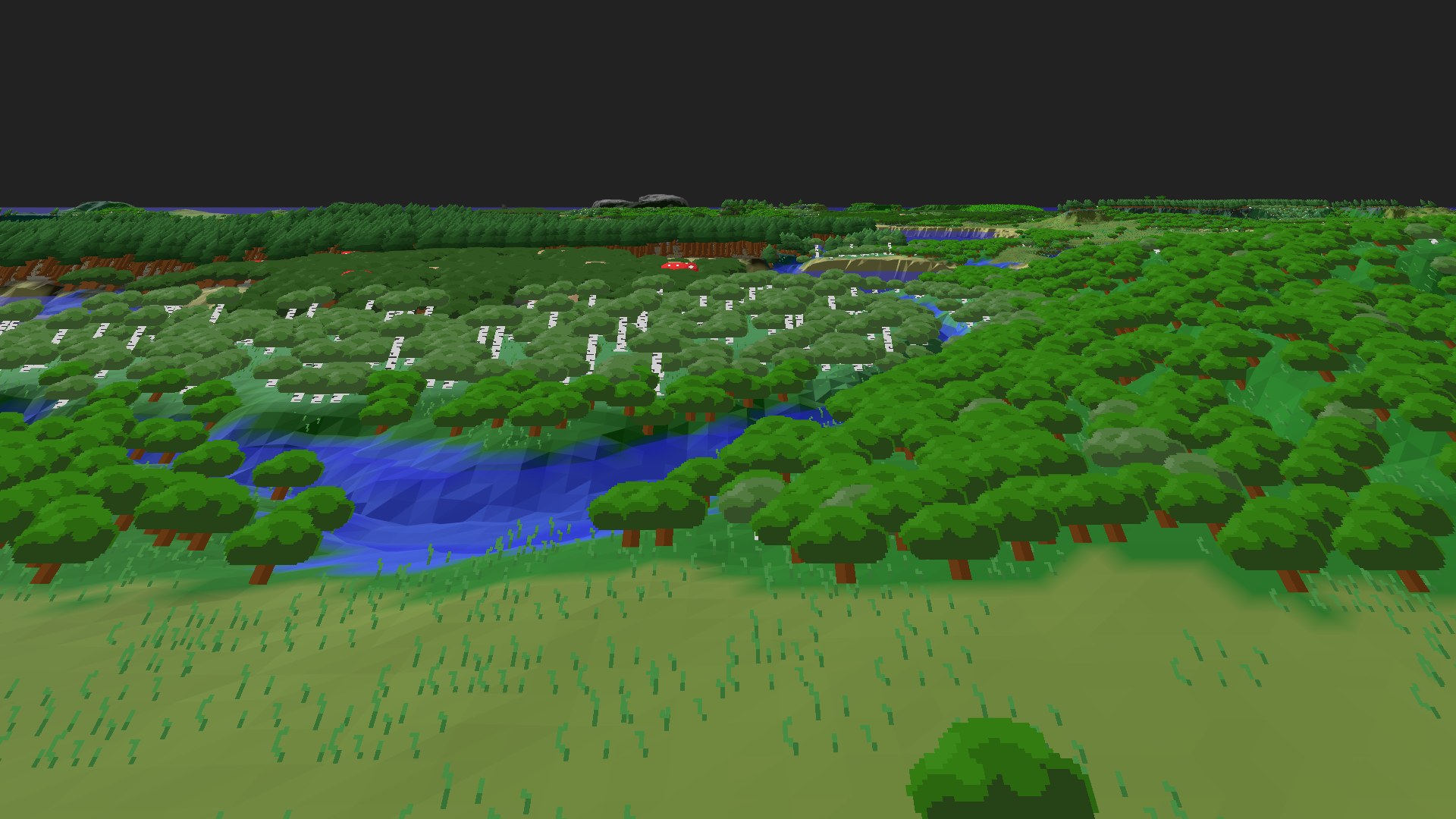Near-horizontal 3D view from spawn looking at the surrounding terrain