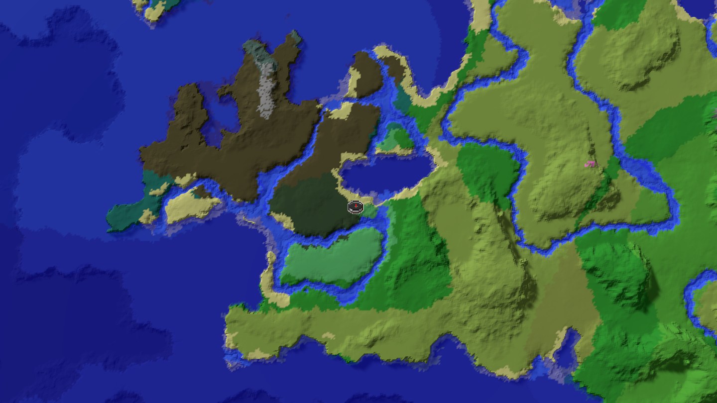 Aerial Minecraft seed map — Java 1.21 meadow mountain-ring base seed [1004974592]