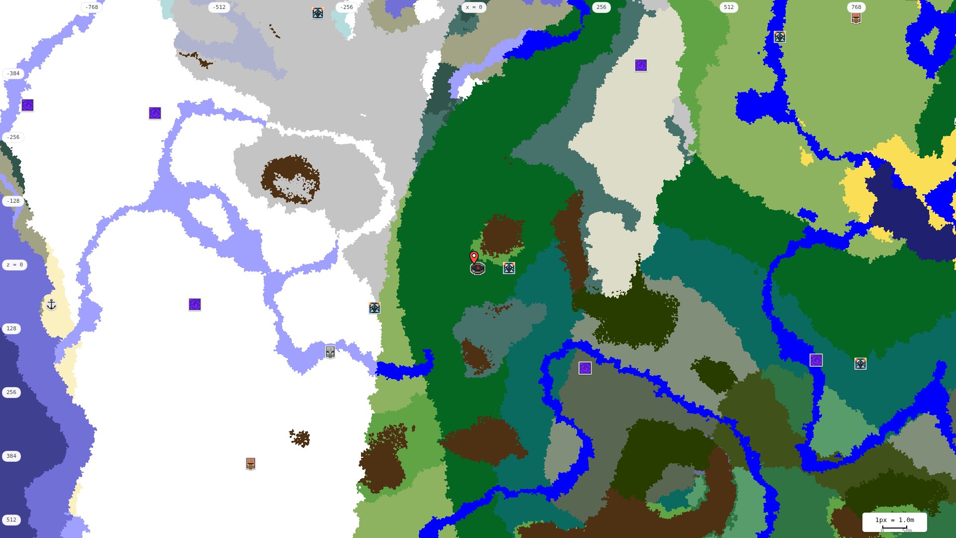 Top-down structures map: village, pillager outpost, ruined portal, shipwreck, woodland mansion, ocean monument, trial chambers, ancient city, desert pyramid, jungle temple, trail ruins