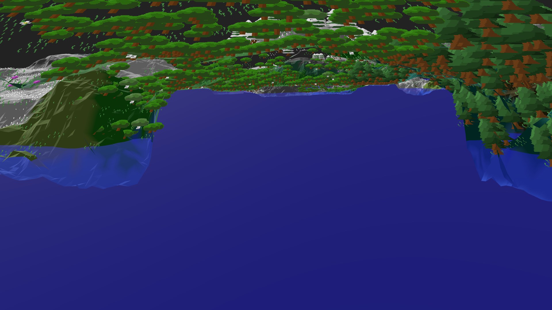 Near-horizontal 3D view from spawn looking at the surrounding terrain