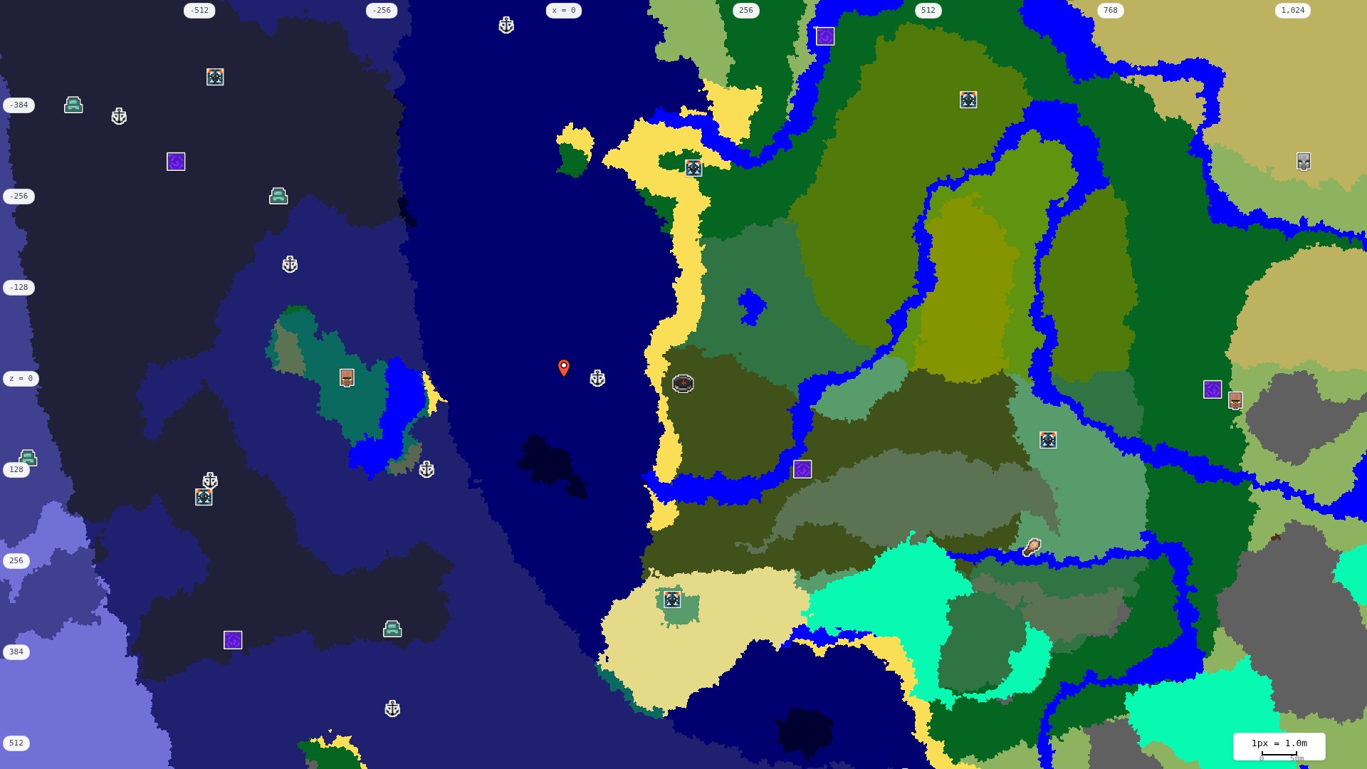 Top-down structures map: village, pillager outpost, ruined portal, shipwreck, woodland mansion, ocean monument, trial chambers, ancient city, desert pyramid, jungle temple, trail ruins