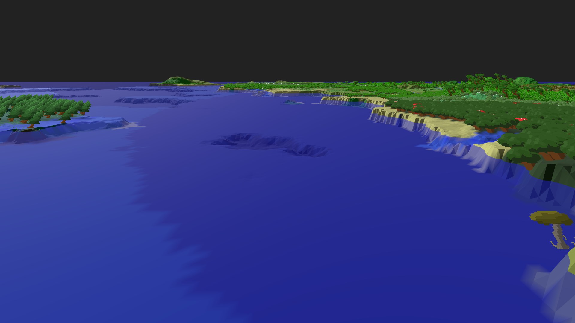 Near-horizontal 3D view from spawn looking at the surrounding terrain
