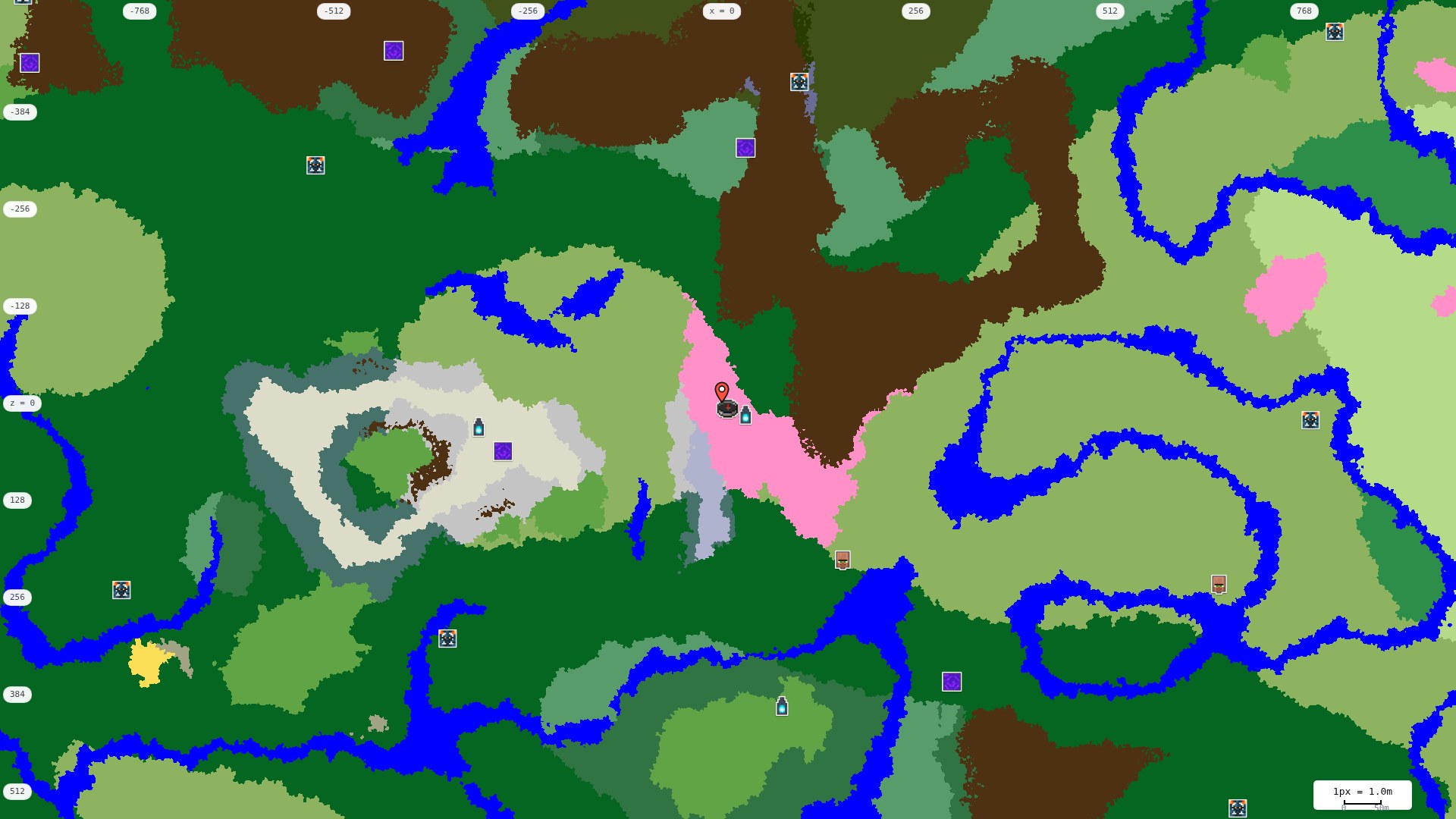 Top-down structures map: village, pillager outpost, ruined portal, shipwreck, woodland mansion, ocean monument, trial chambers, ancient city, desert pyramid, jungle temple, trail ruins