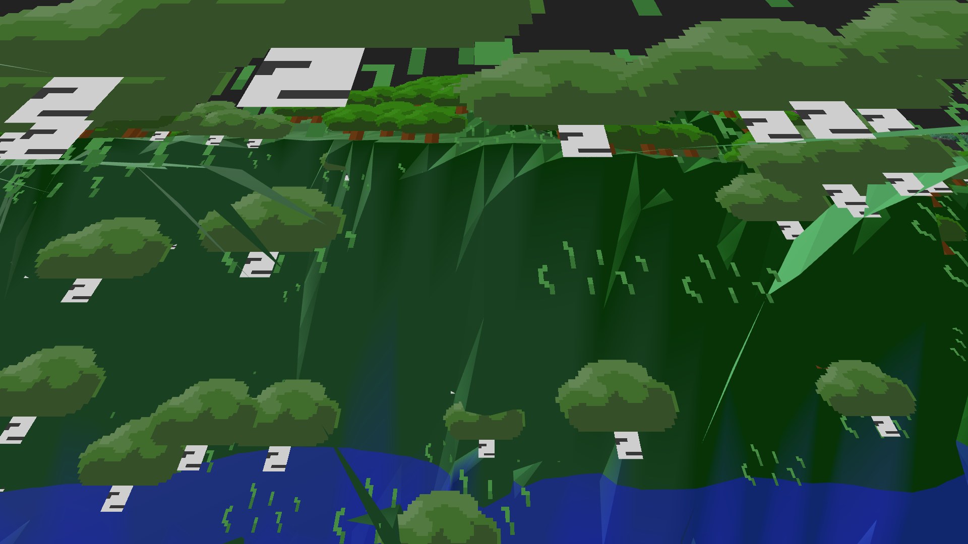 Near-horizontal 3D view from spawn looking at the surrounding terrain
