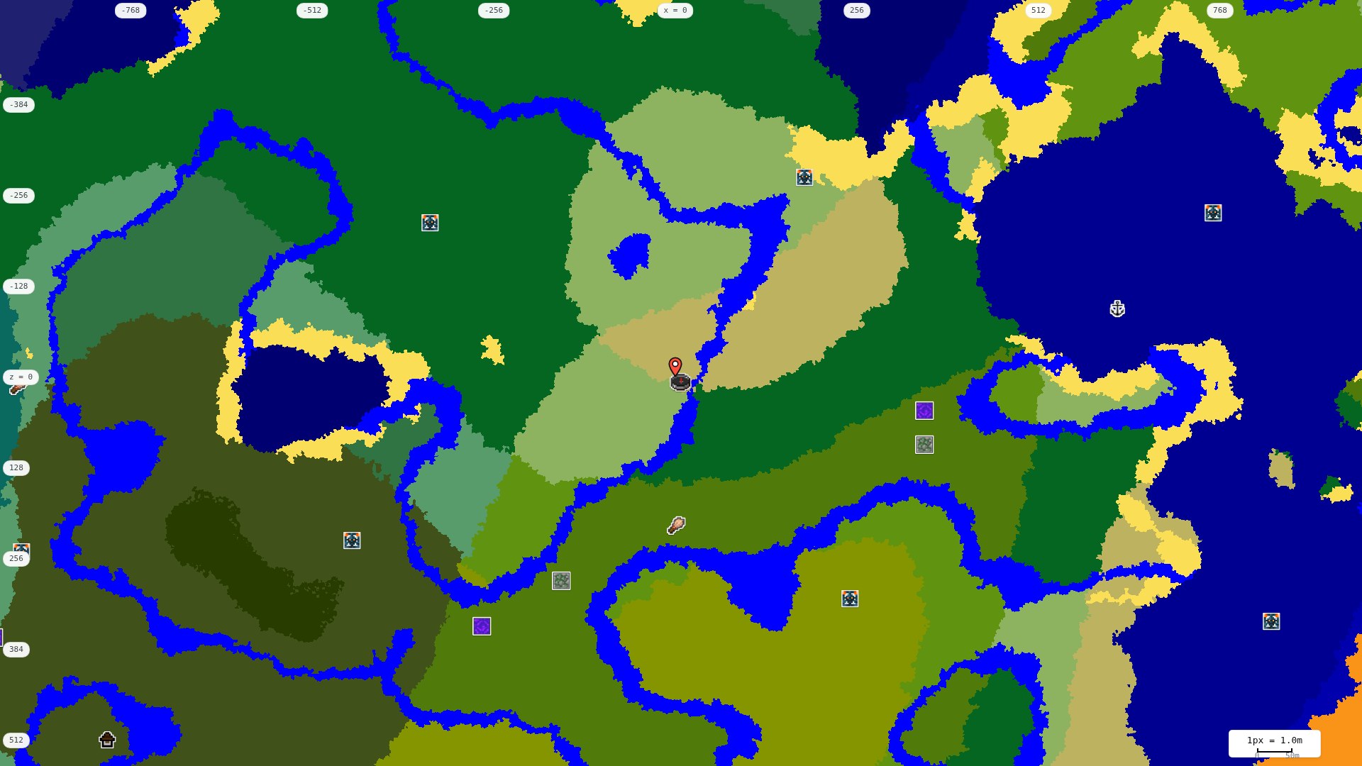 Top-down structures map: village, pillager outpost, ruined portal, shipwreck, woodland mansion, ocean monument, trial chambers, ancient city, desert pyramid, jungle temple, trail ruins