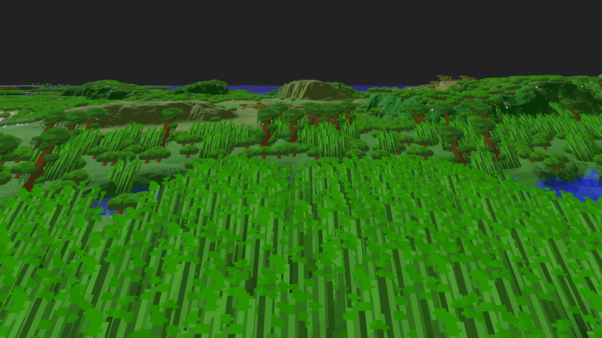 Near-horizontal 3D view from spawn looking at the surrounding terrain