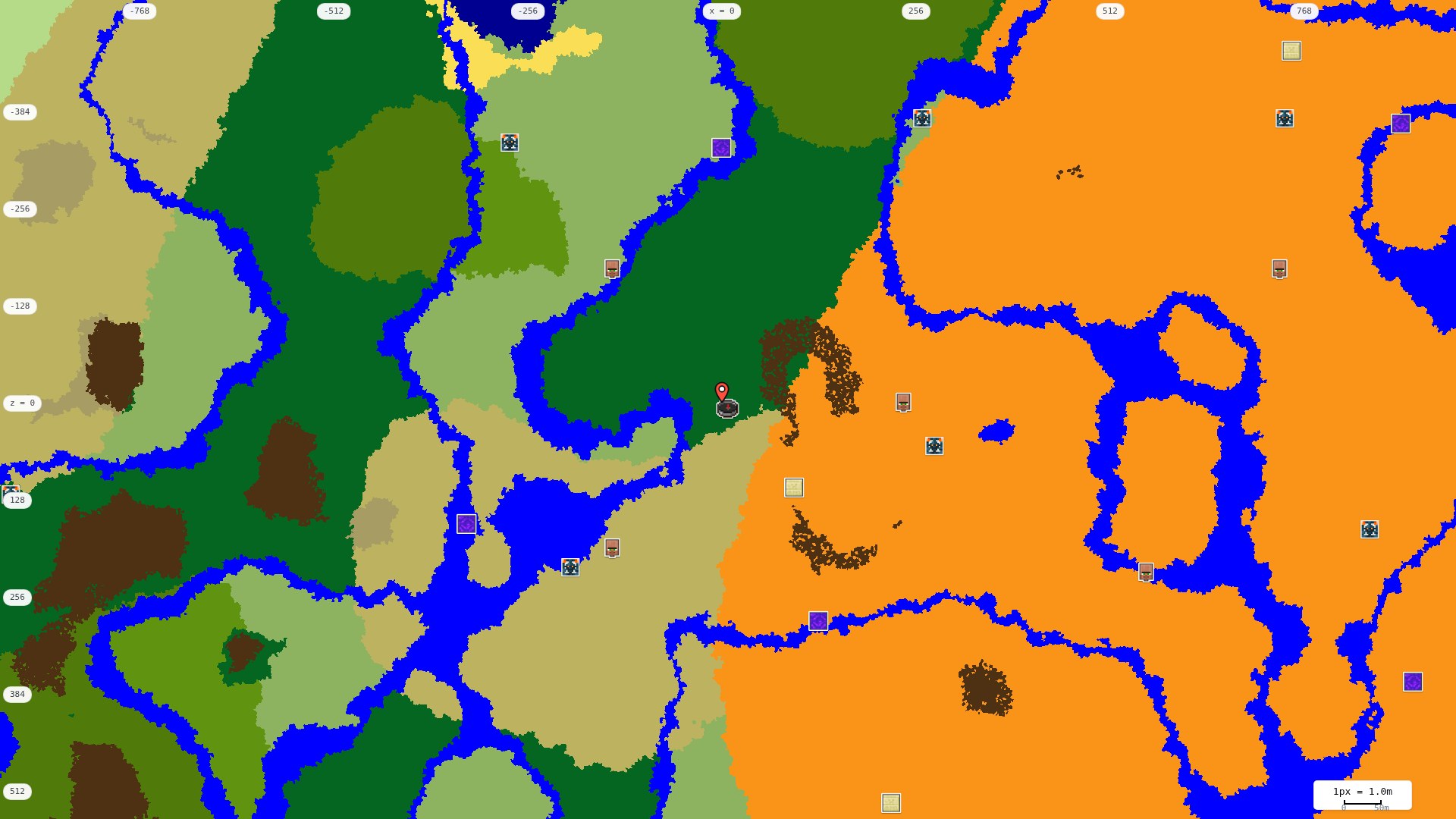 Top-down structures map: village, pillager outpost, ruined portal, shipwreck, woodland mansion, ocean monument, trial chambers, ancient city, desert pyramid, jungle temple, trail ruins