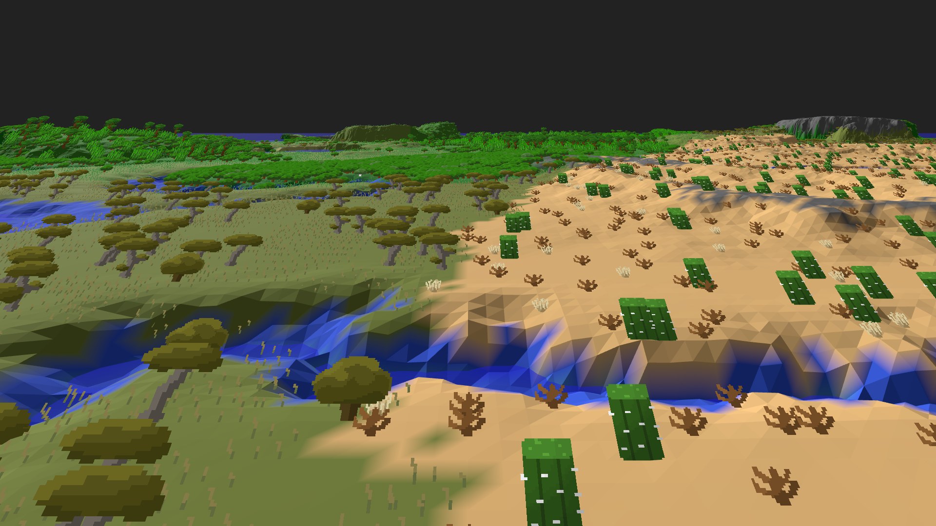 Near-horizontal 3D view from spawn looking at the surrounding terrain
