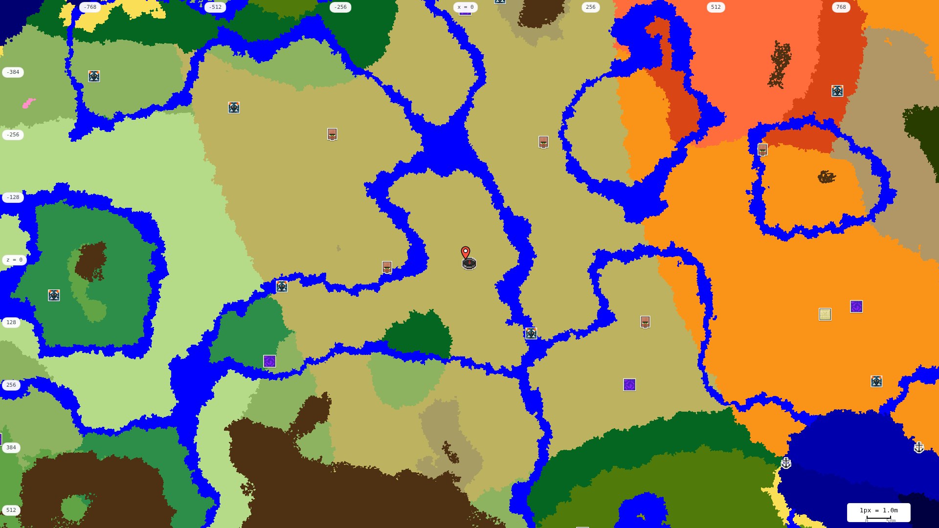 Top-down structures map: village, pillager outpost, ruined portal, shipwreck, woodland mansion, ocean monument, trial chambers, ancient city, desert pyramid, jungle temple, trail ruins