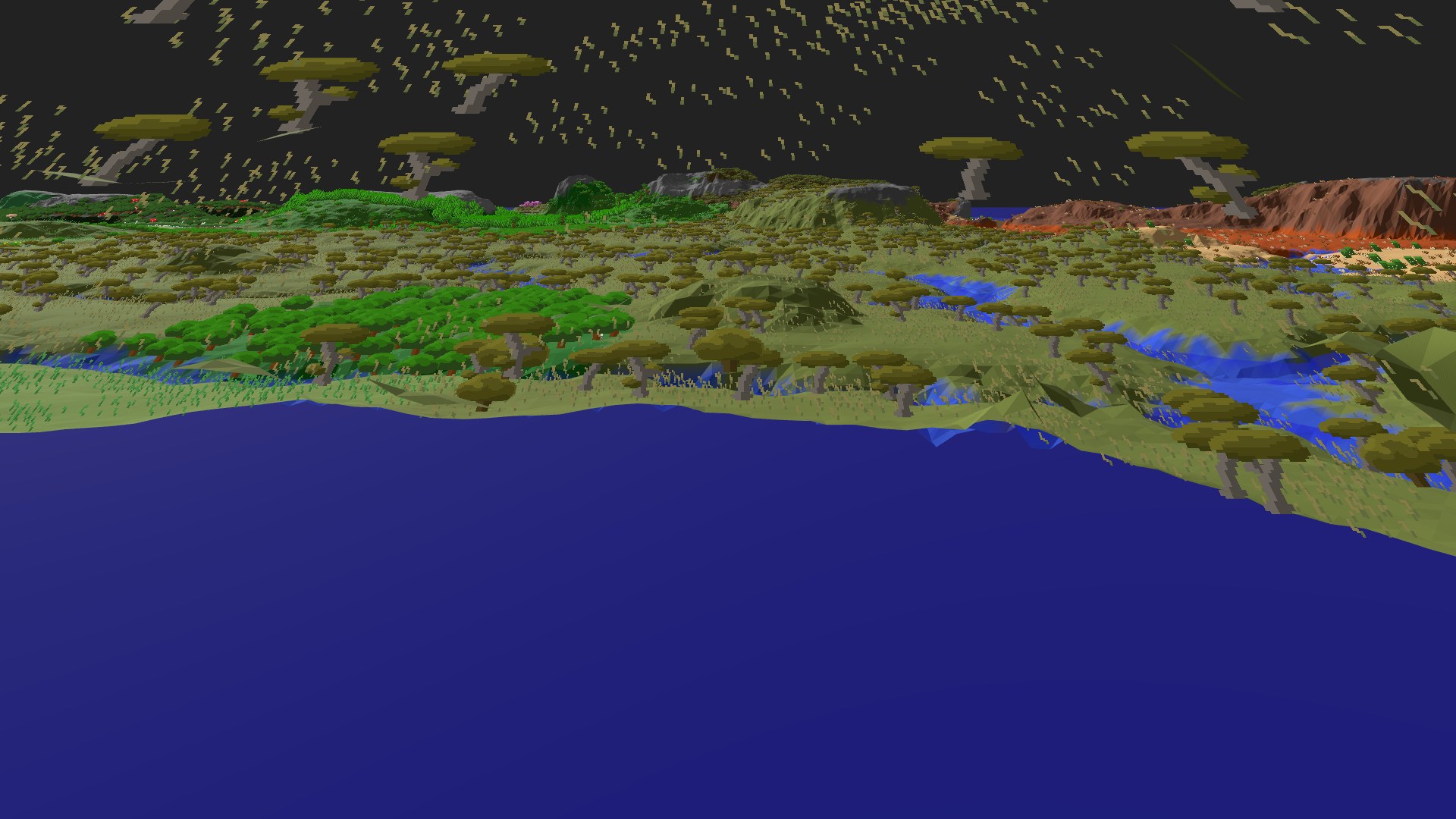 Near-horizontal 3D view from spawn looking at the surrounding terrain