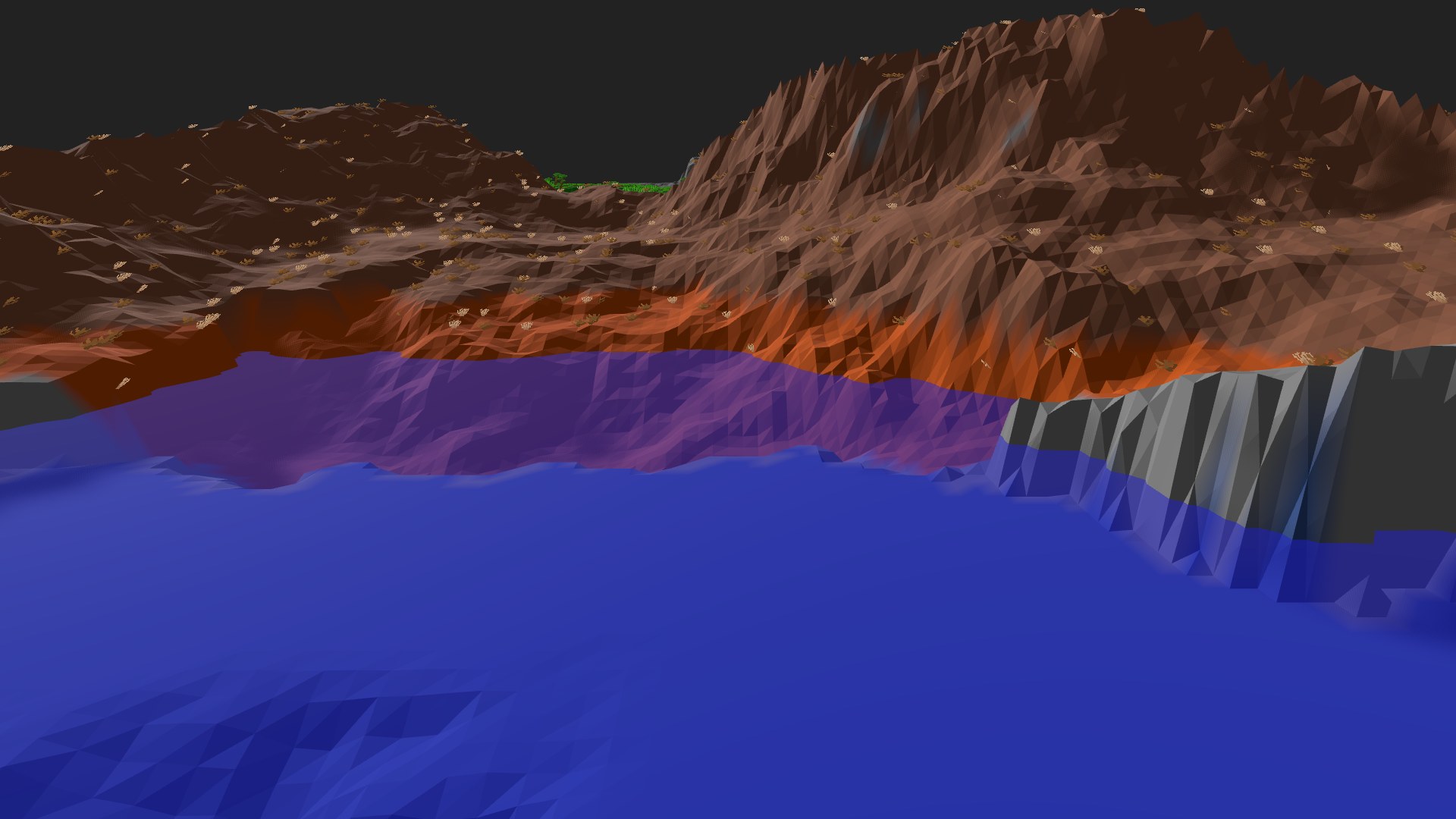 Near-horizontal 3D view from spawn looking at the surrounding terrain