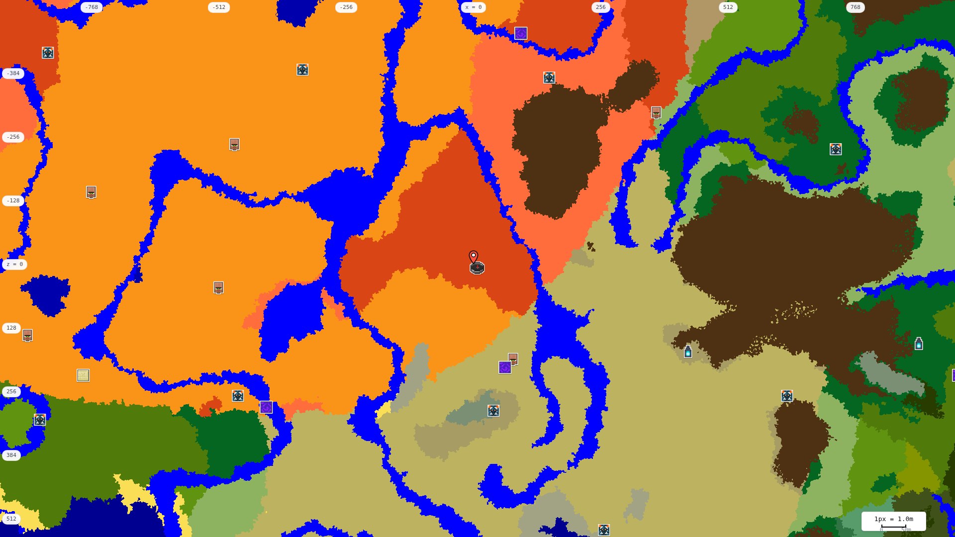 Top-down structures map: village, pillager outpost, ruined portal, shipwreck, woodland mansion, ocean monument, trial chambers, ancient city, desert pyramid, jungle temple, trail ruins