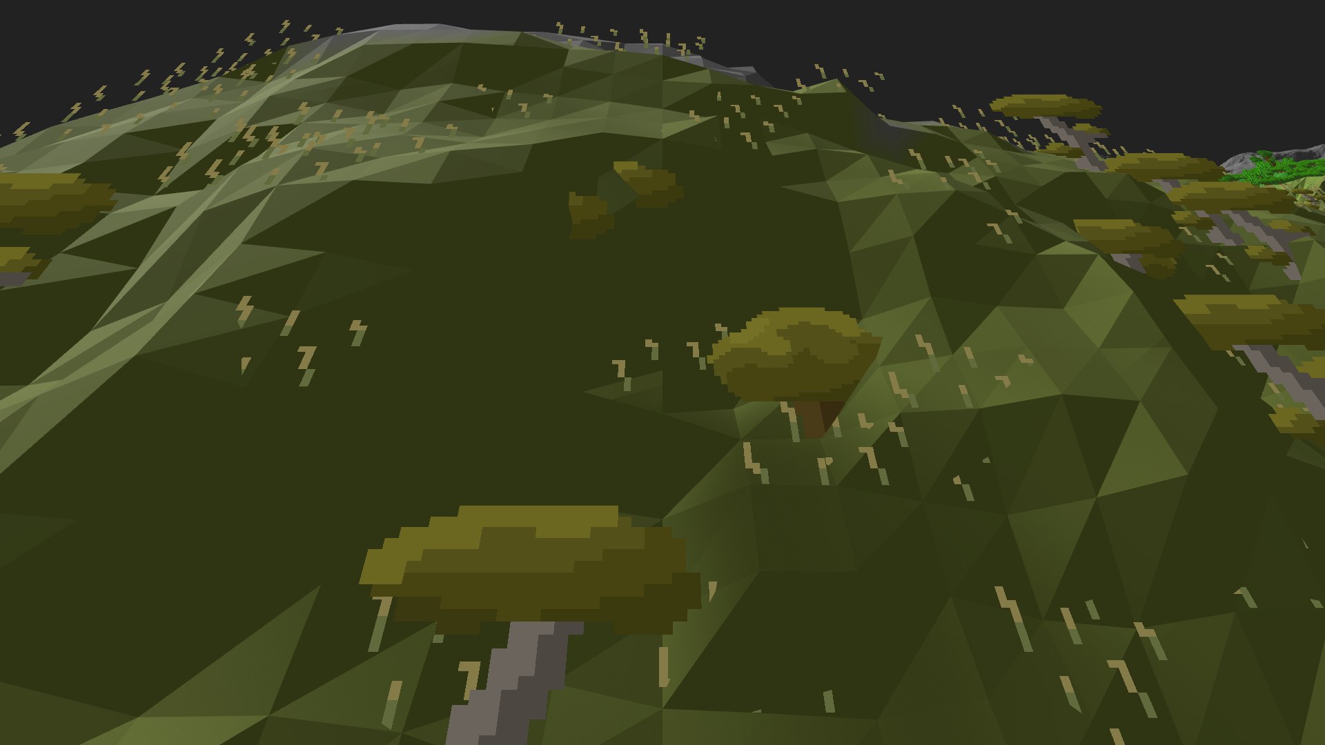 Near-horizontal 3D view from spawn looking at the surrounding terrain