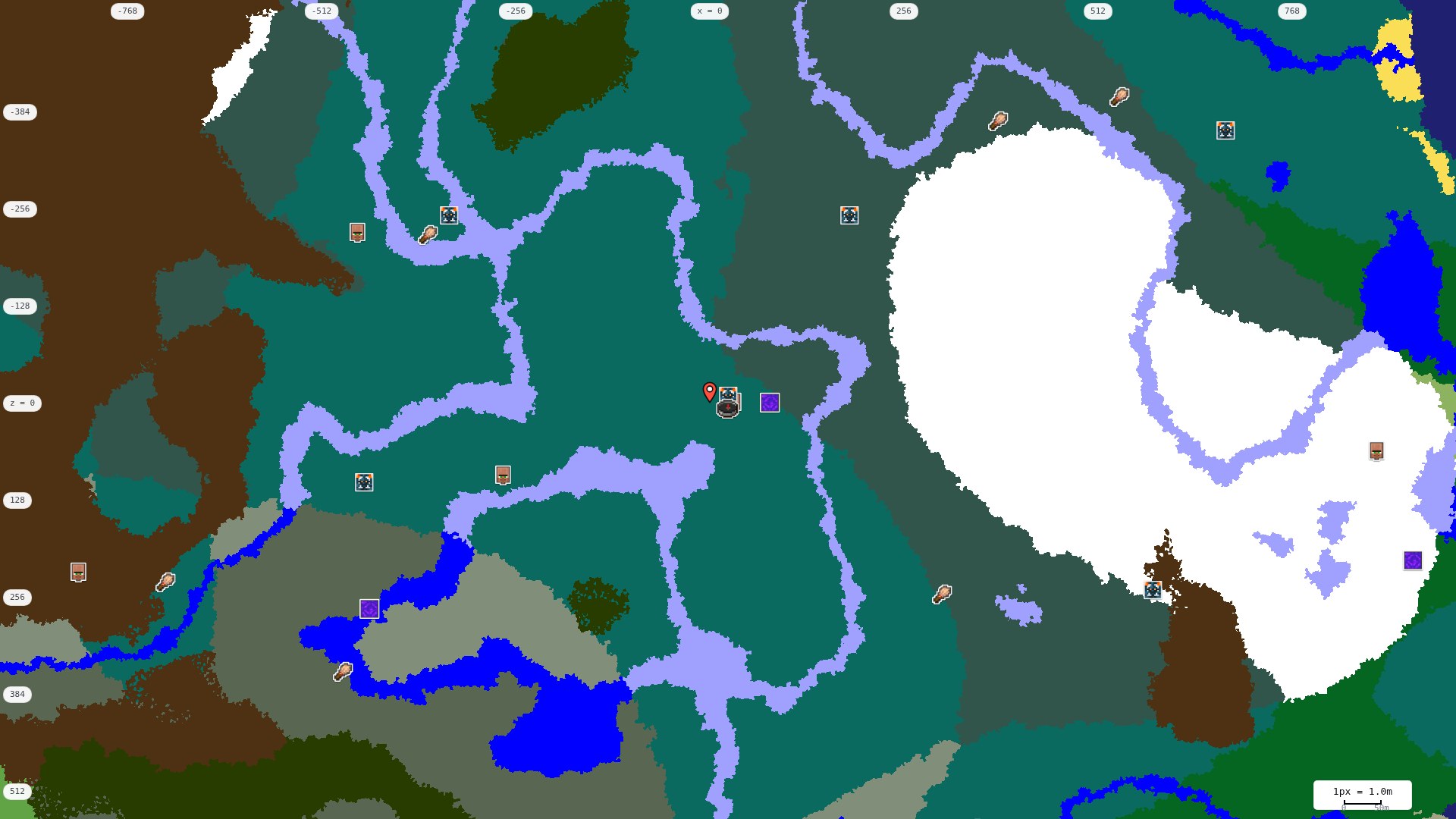 Top-down structures map: village, pillager outpost, ruined portal, shipwreck, woodland mansion, ocean monument, trial chambers, ancient city, desert pyramid, jungle temple, trail ruins