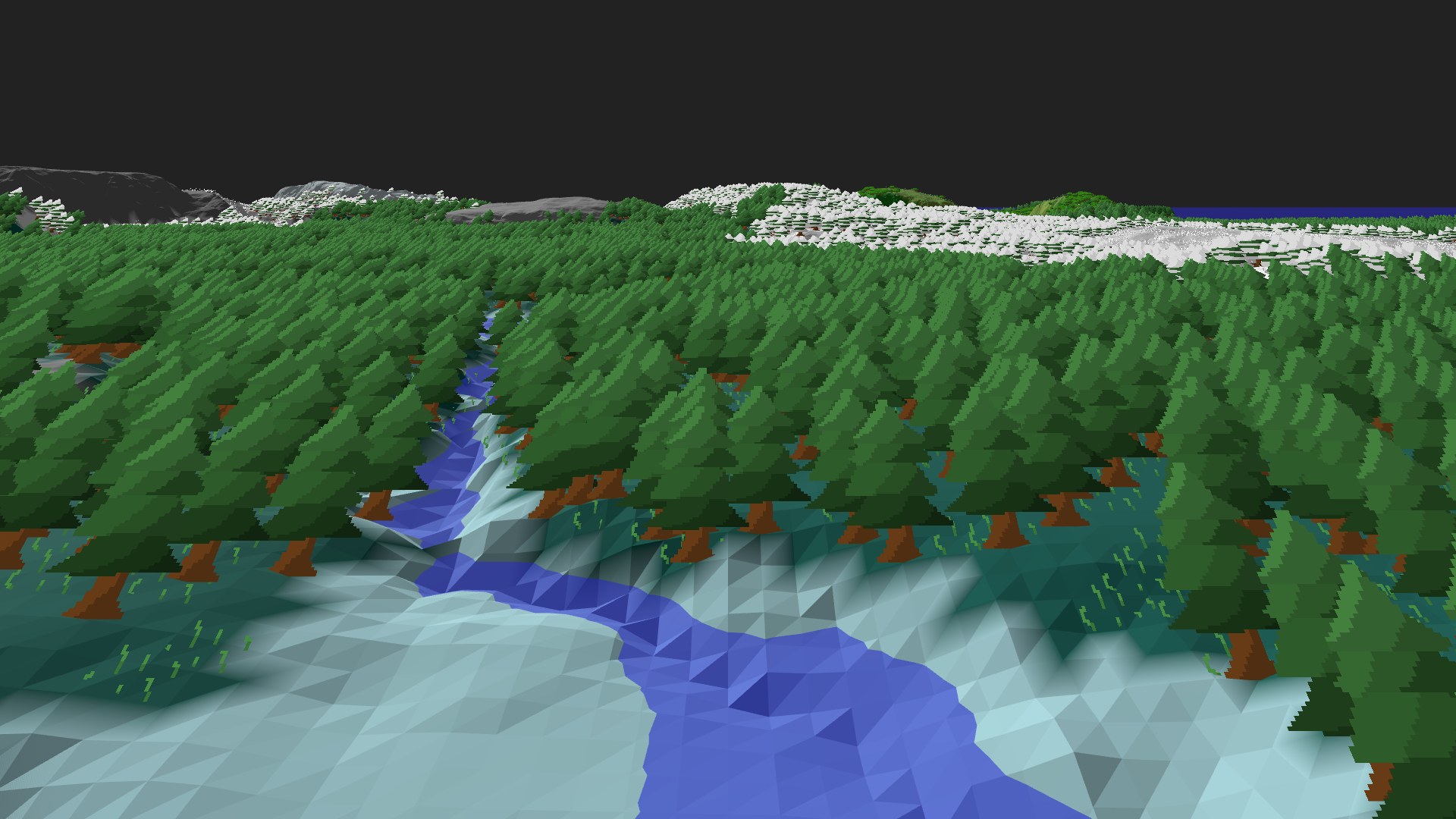 Near-horizontal 3D view from spawn looking at the surrounding terrain