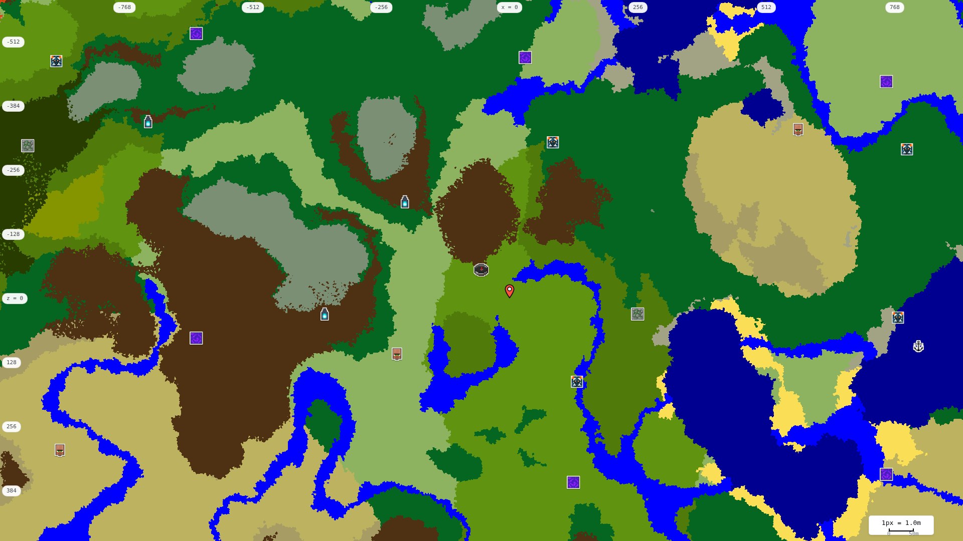 Top-down structures map: village, pillager outpost, ruined portal, shipwreck, woodland mansion, ocean monument, trial chambers, ancient city, desert pyramid, jungle temple, trail ruins
