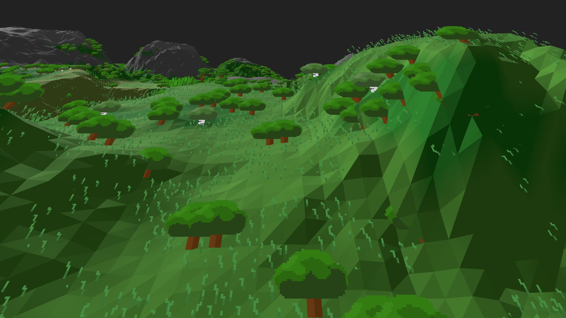 Near-horizontal 3D view from spawn looking at the surrounding terrain