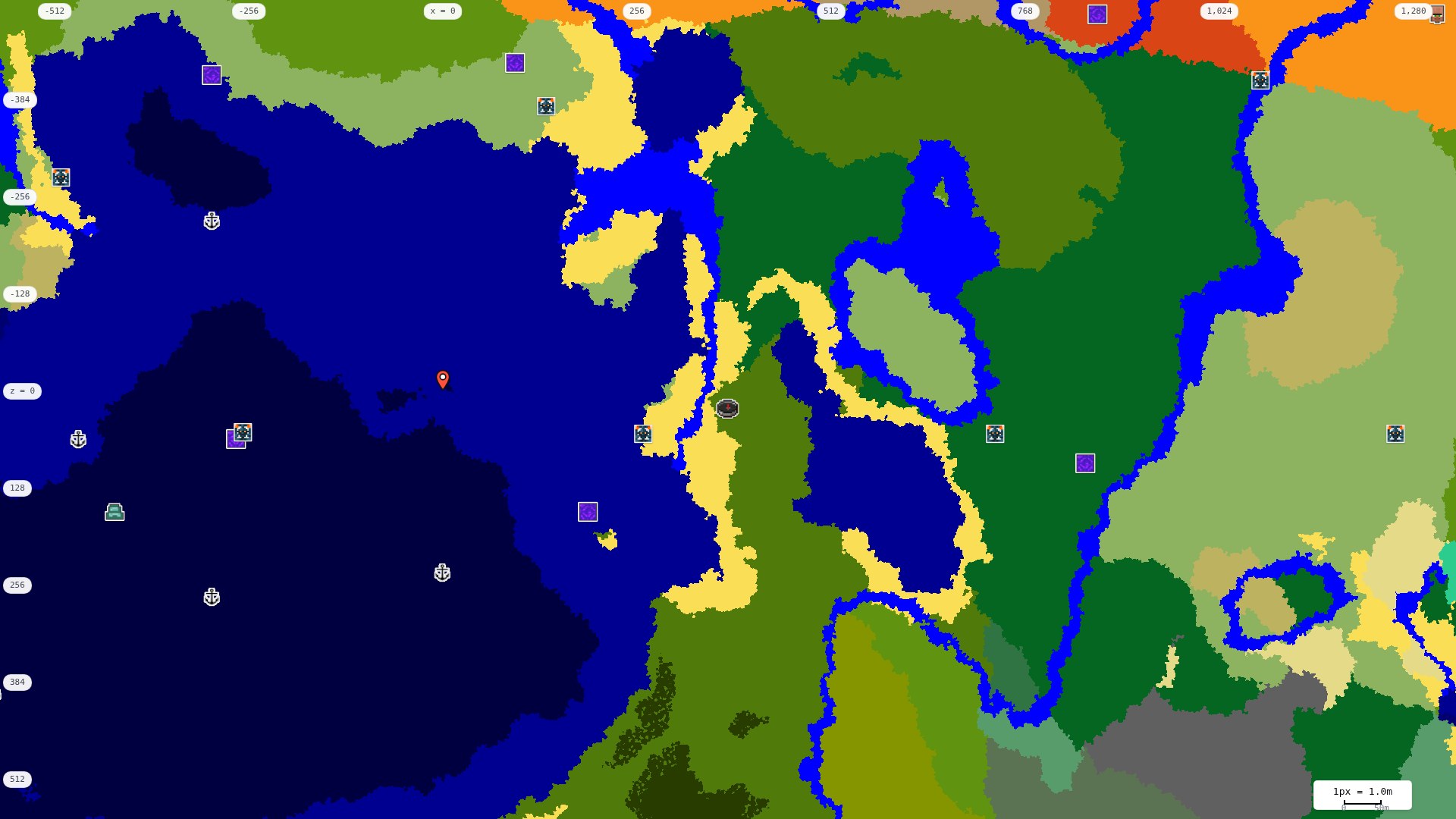 Top-down structures map: village, pillager outpost, ruined portal, shipwreck, woodland mansion, ocean monument, trial chambers, ancient city, desert pyramid, jungle temple, trail ruins