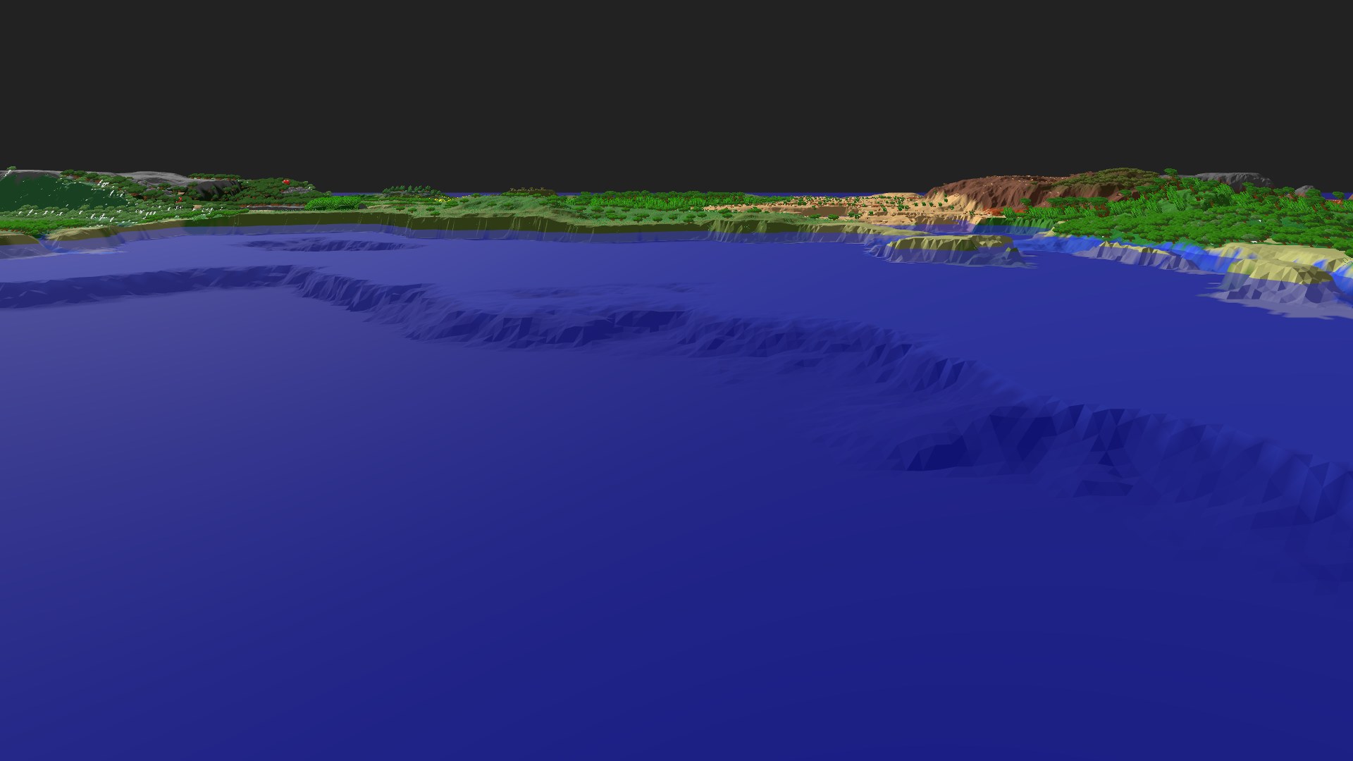 Near-horizontal 3D view from spawn looking at the surrounding terrain