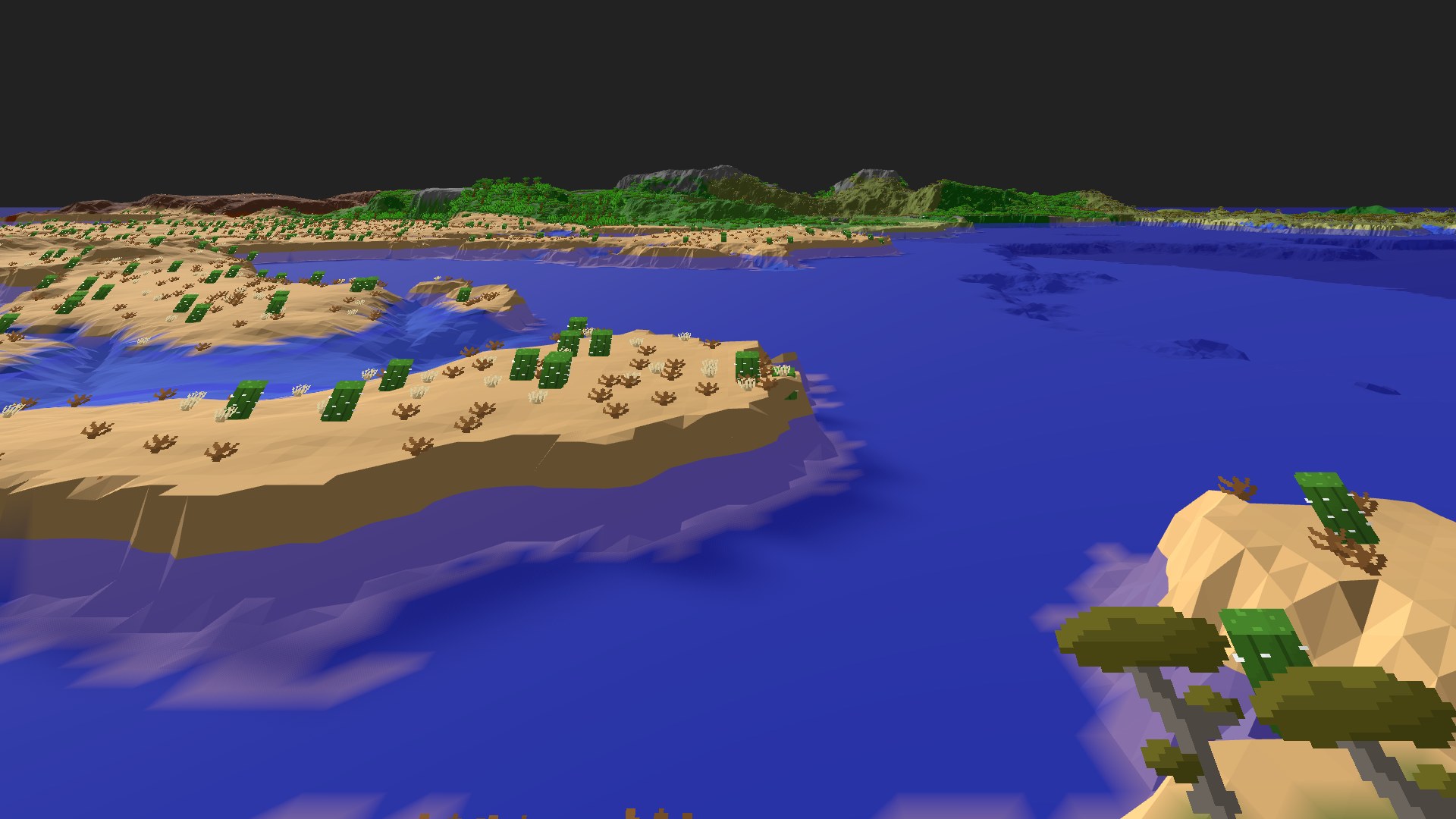 Near-horizontal 3D view from spawn looking at the surrounding terrain