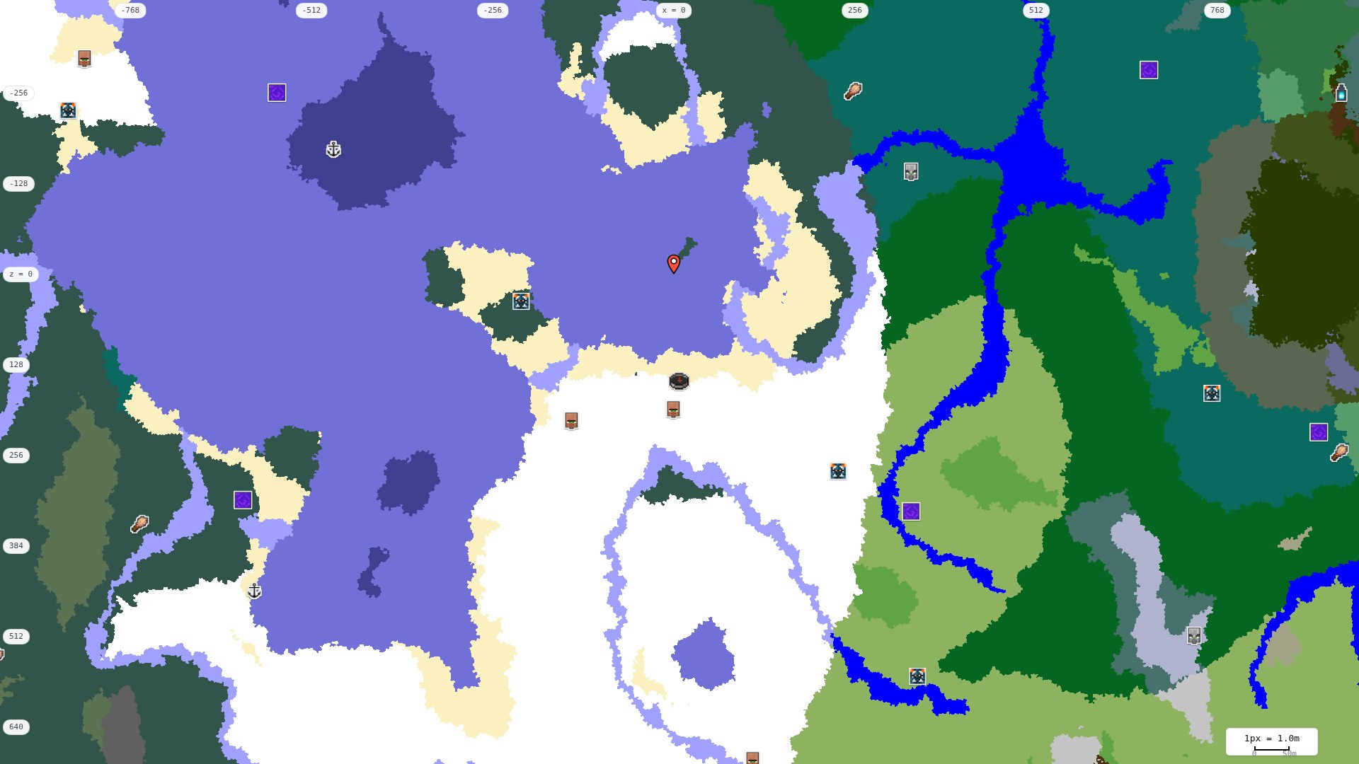 Top-down structures map: village, pillager outpost, ruined portal, shipwreck, woodland mansion, ocean monument, trial chambers, ancient city, desert pyramid, jungle temple, trail ruins