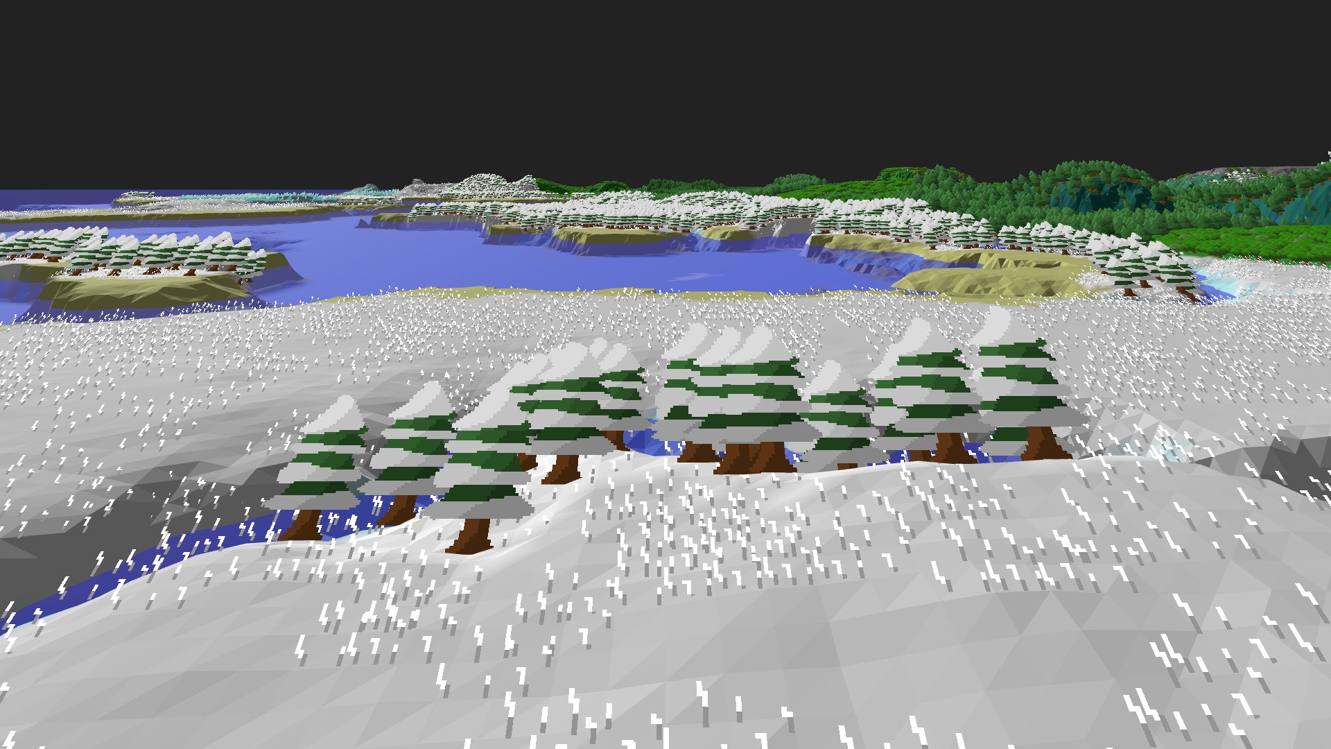 Near-horizontal 3D view from spawn looking at the surrounding terrain