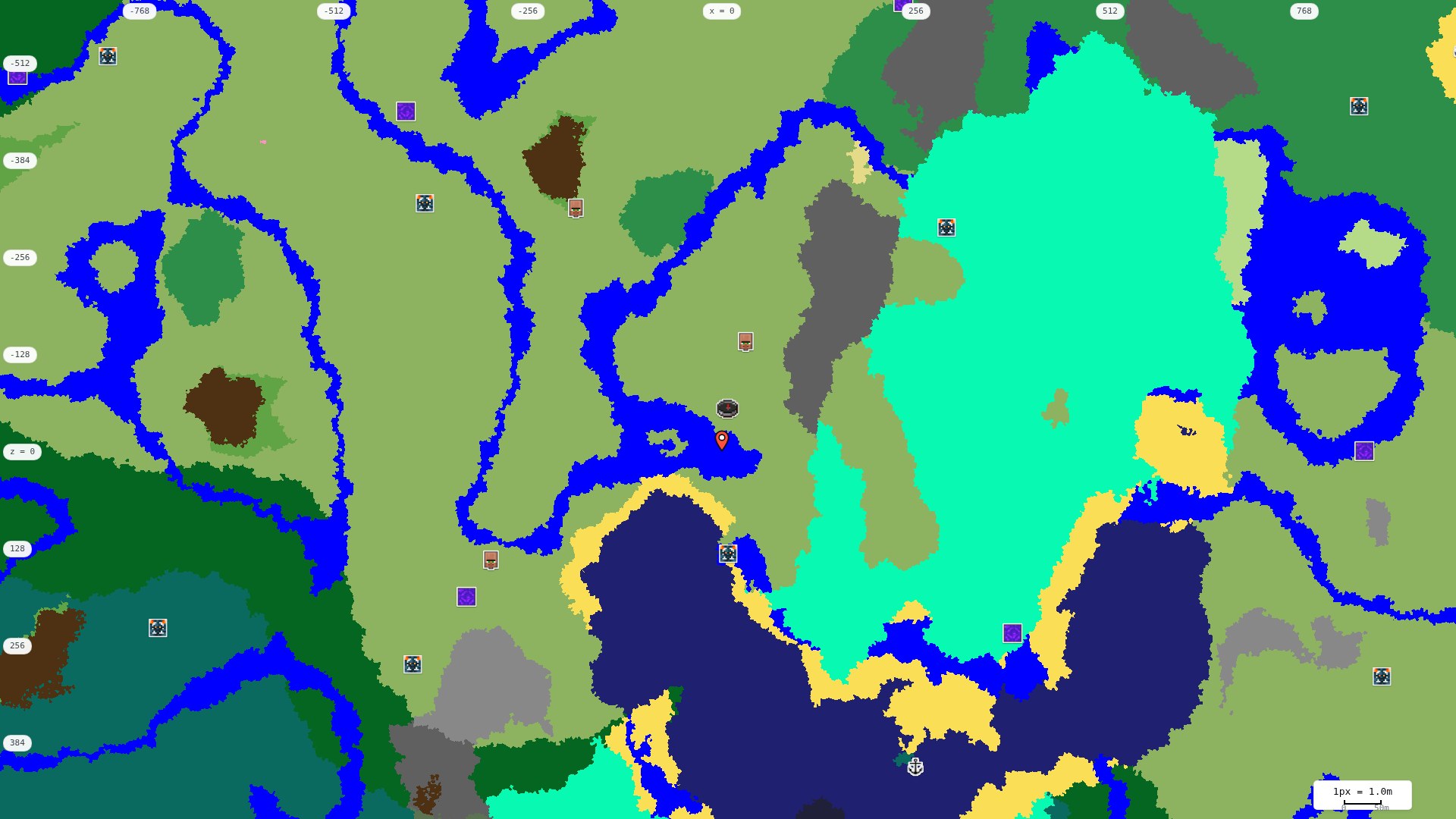 Top-down structures map: village, pillager outpost, ruined portal, shipwreck, woodland mansion, ocean monument, trial chambers, ancient city, desert pyramid, jungle temple, trail ruins