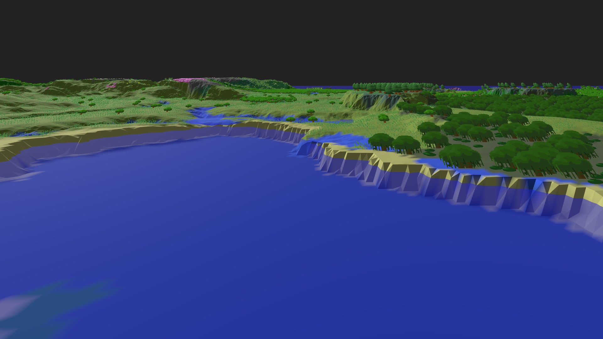 Near-horizontal 3D view from spawn looking at the surrounding terrain