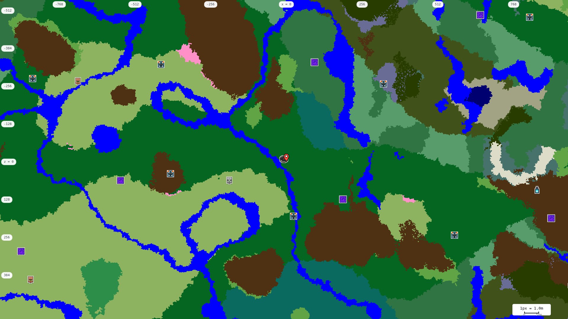 Top-down structures map: village, pillager outpost, ruined portal, shipwreck, woodland mansion, ocean monument, trial chambers, ancient city, desert pyramid, jungle temple, trail ruins