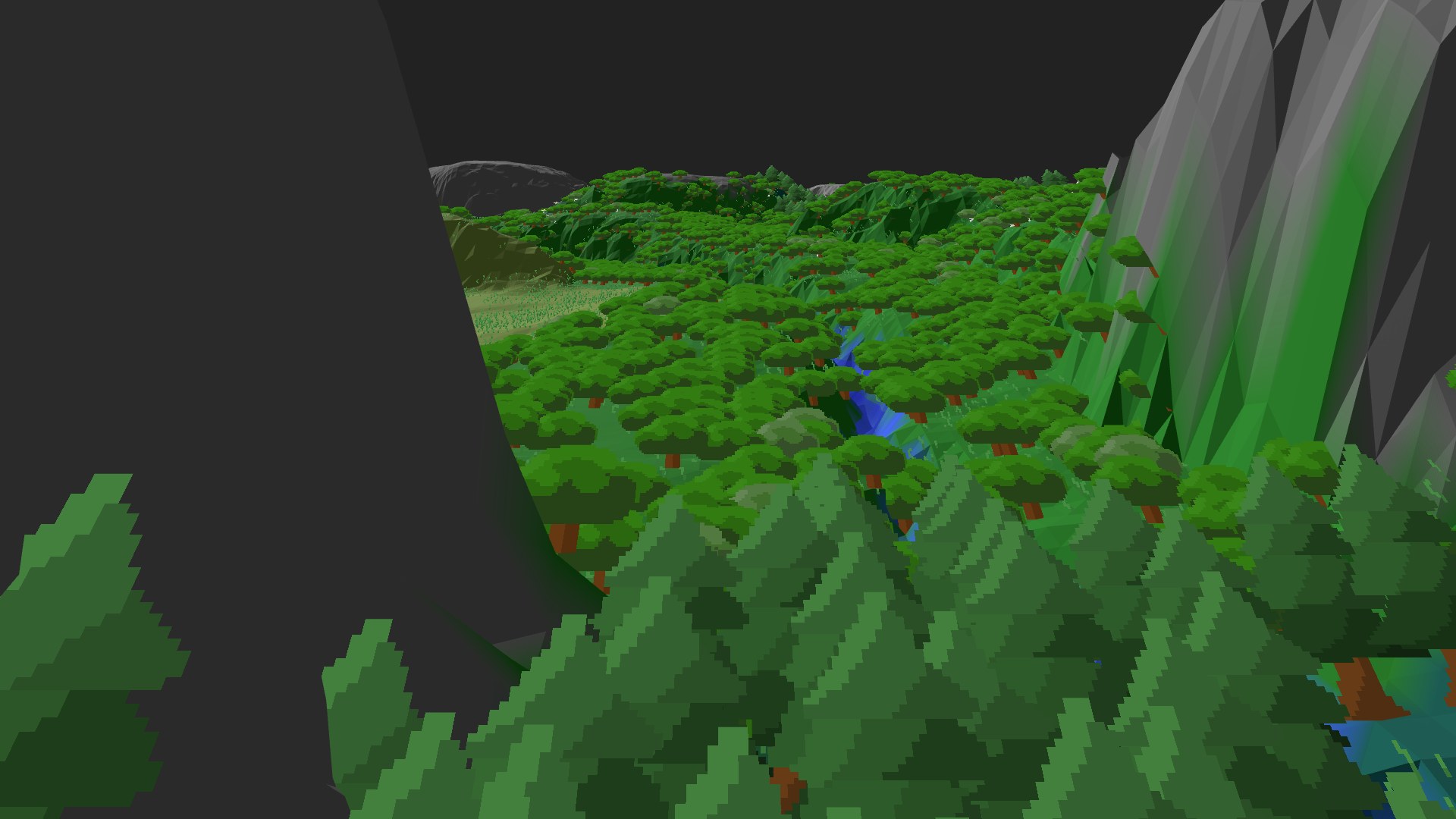 Near-horizontal 3D view from spawn looking at the surrounding terrain